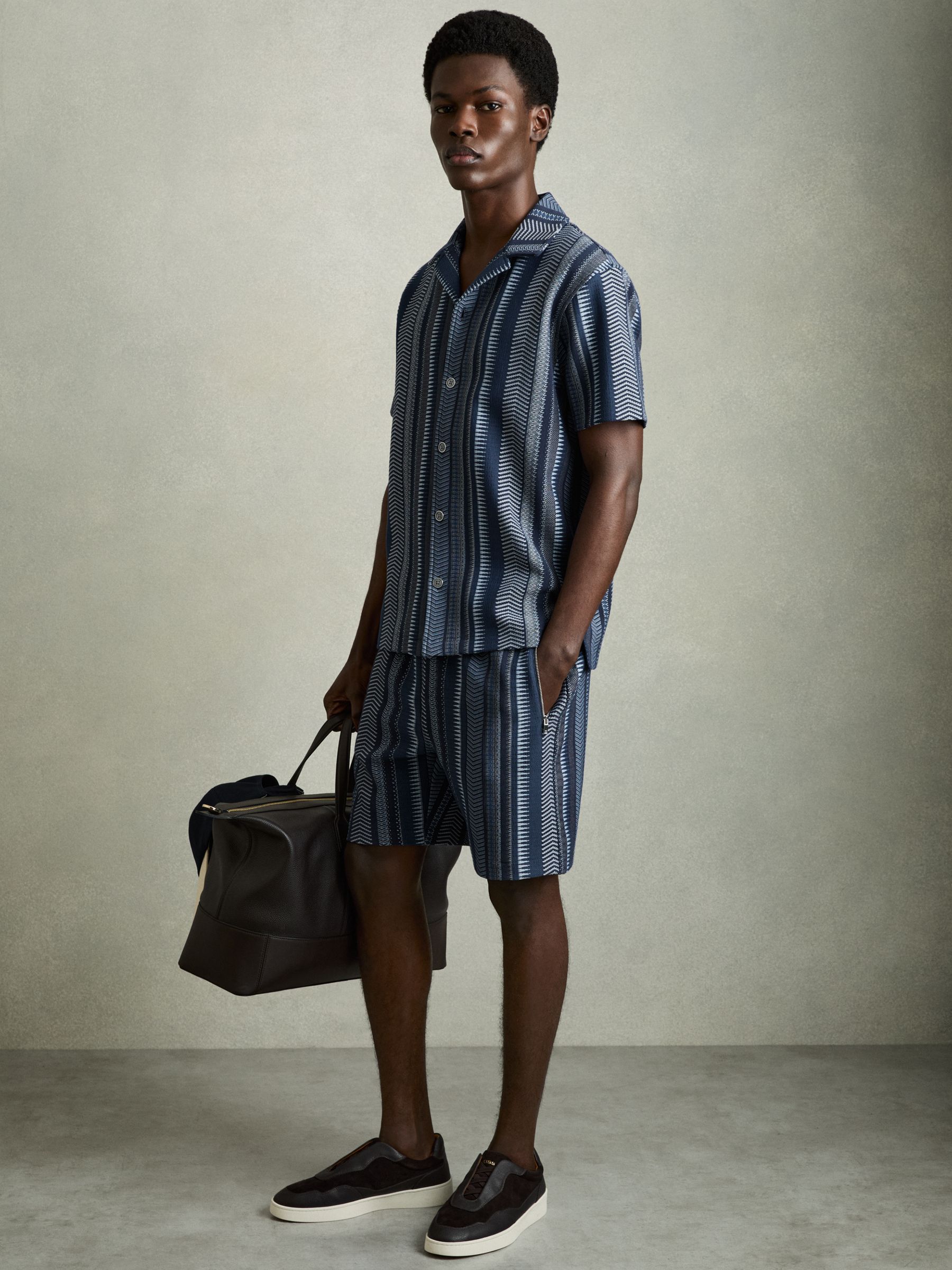 Aztec-Stripe Drawstring Shorts in Navy - Image 1 of 6