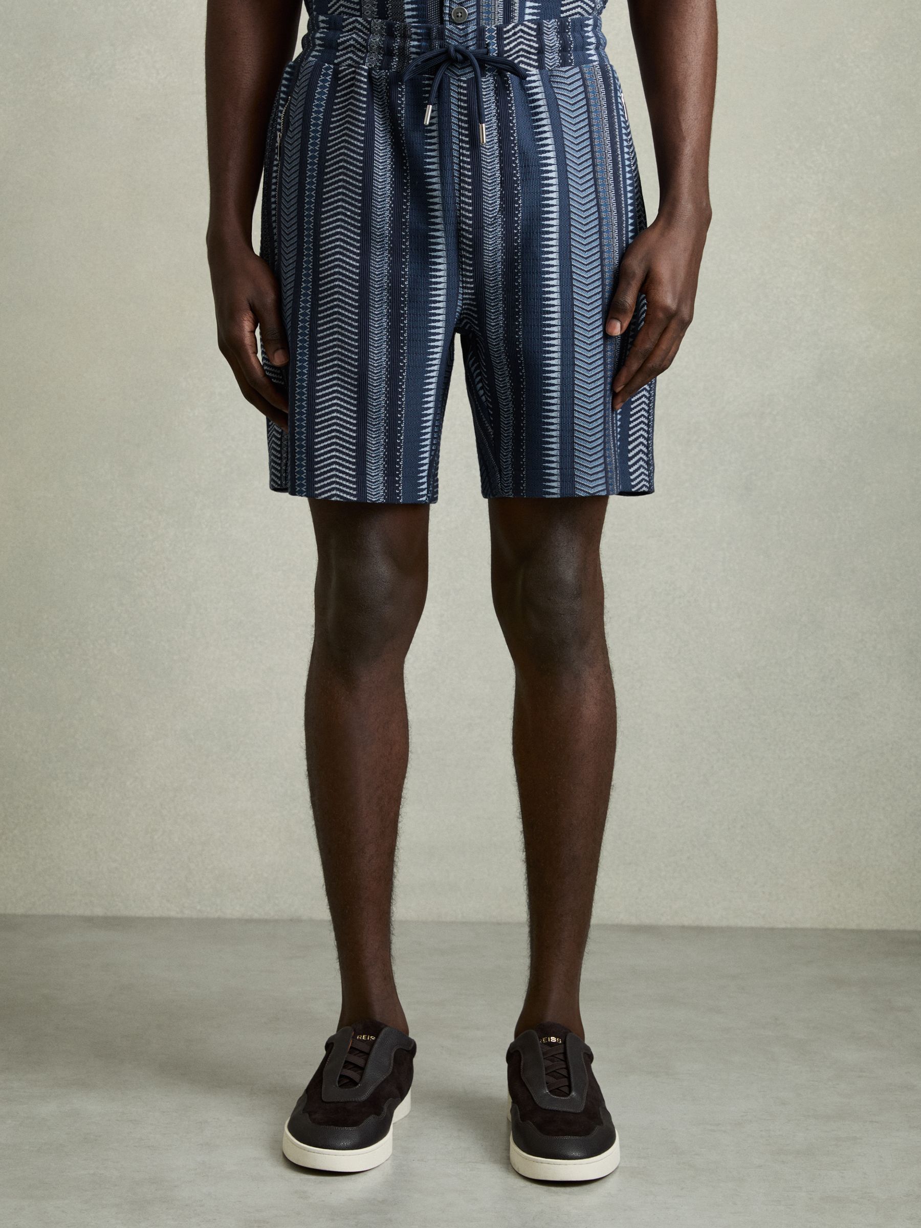 Aztec-Stripe Drawstring Shorts in Navy - Image 3 of 6