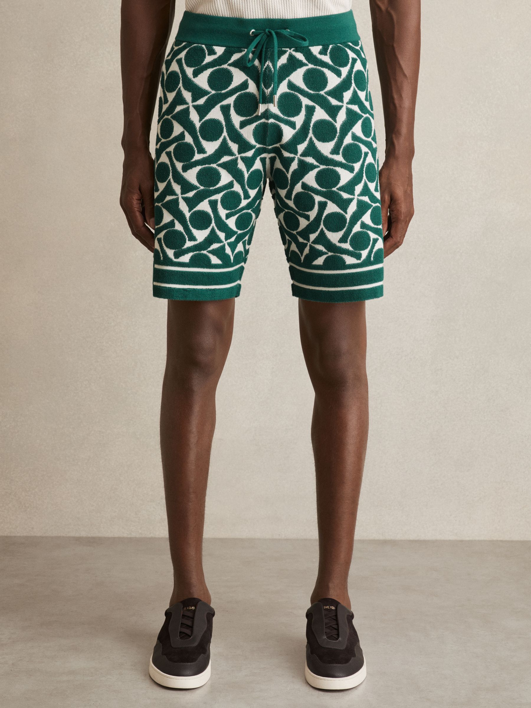 Abstract-Pattern Towelling Shorts in Green/White - Image 3 of 6