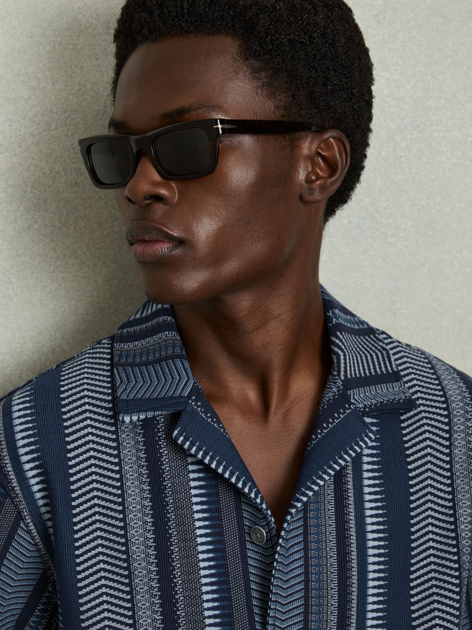 Aztec-Stripe Cuban-Collar Shirt in Navy - Image 4 of 7