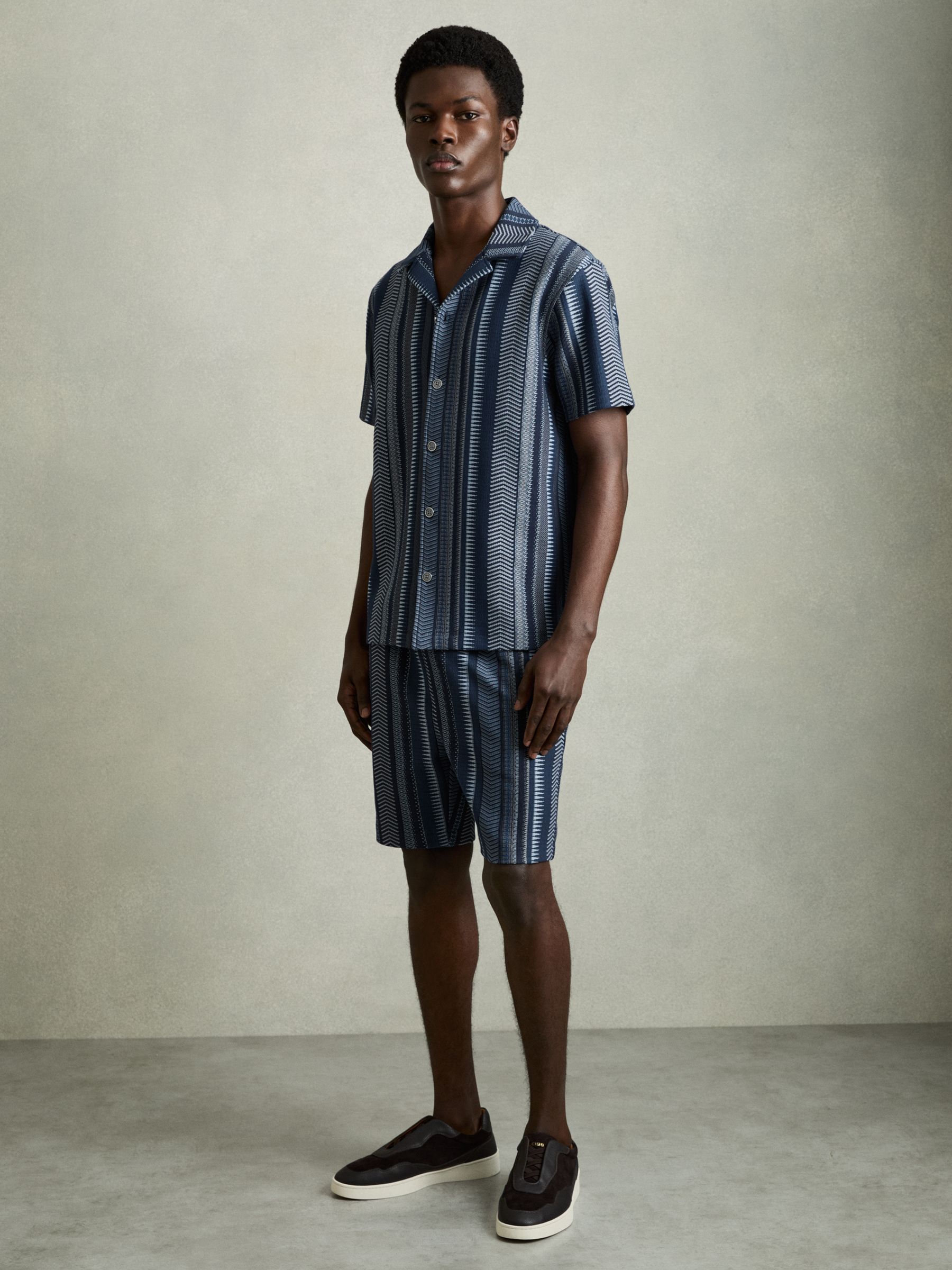 Aztec-Stripe Cuban-Collar Shirt in Navy - Image 6 of 7
