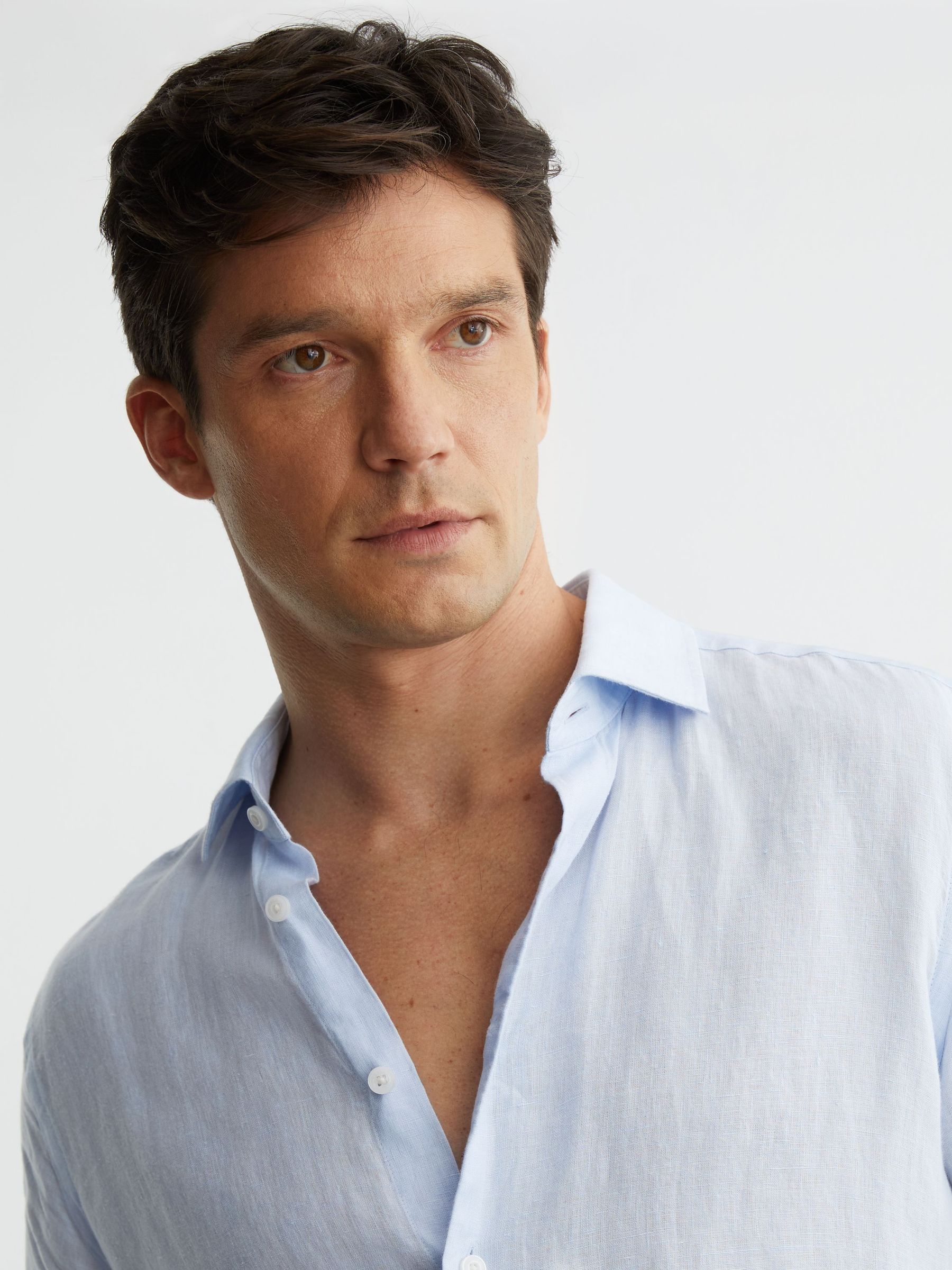 Slim Fit Linen Button-Through Shirt in Pale Blue - image 3
