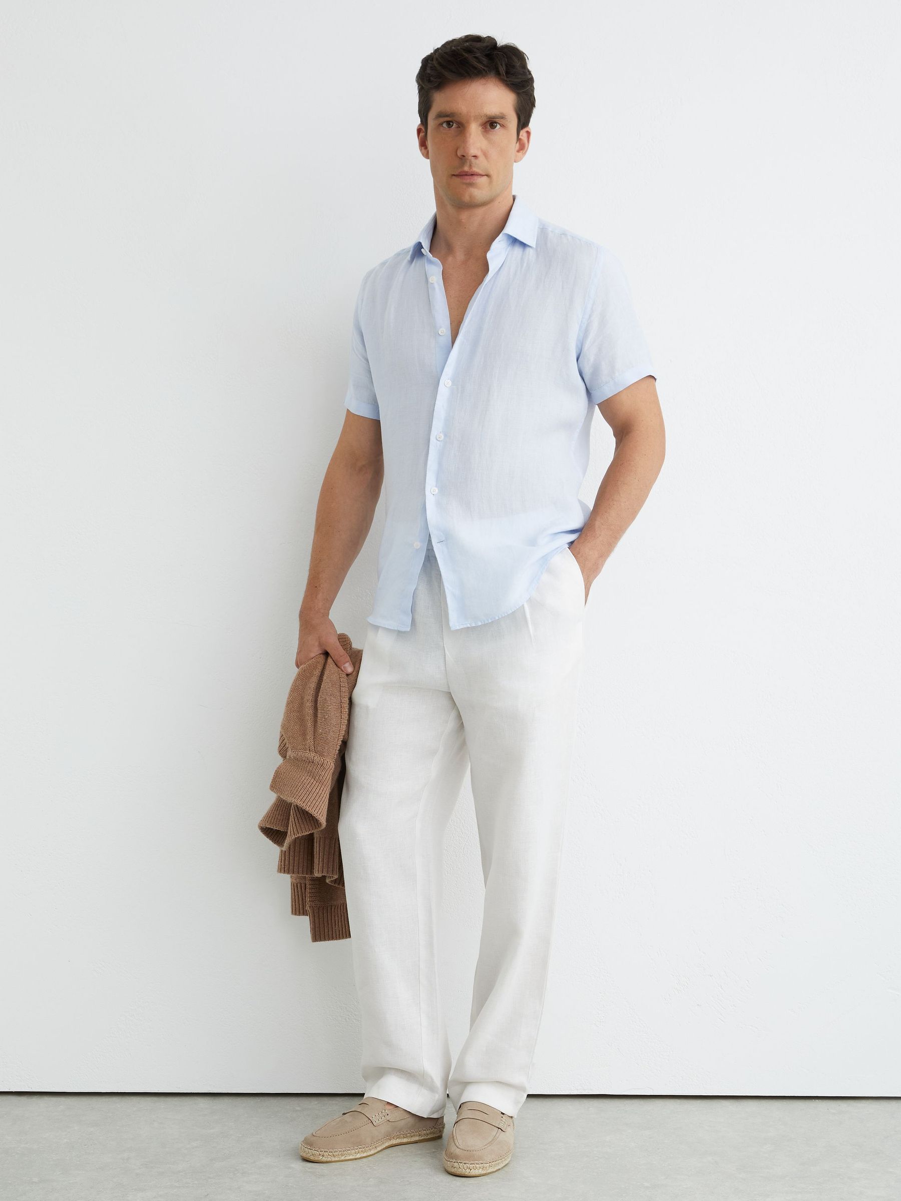 Slim Fit Linen Button-Through Shirt in Pale Blue - image 4