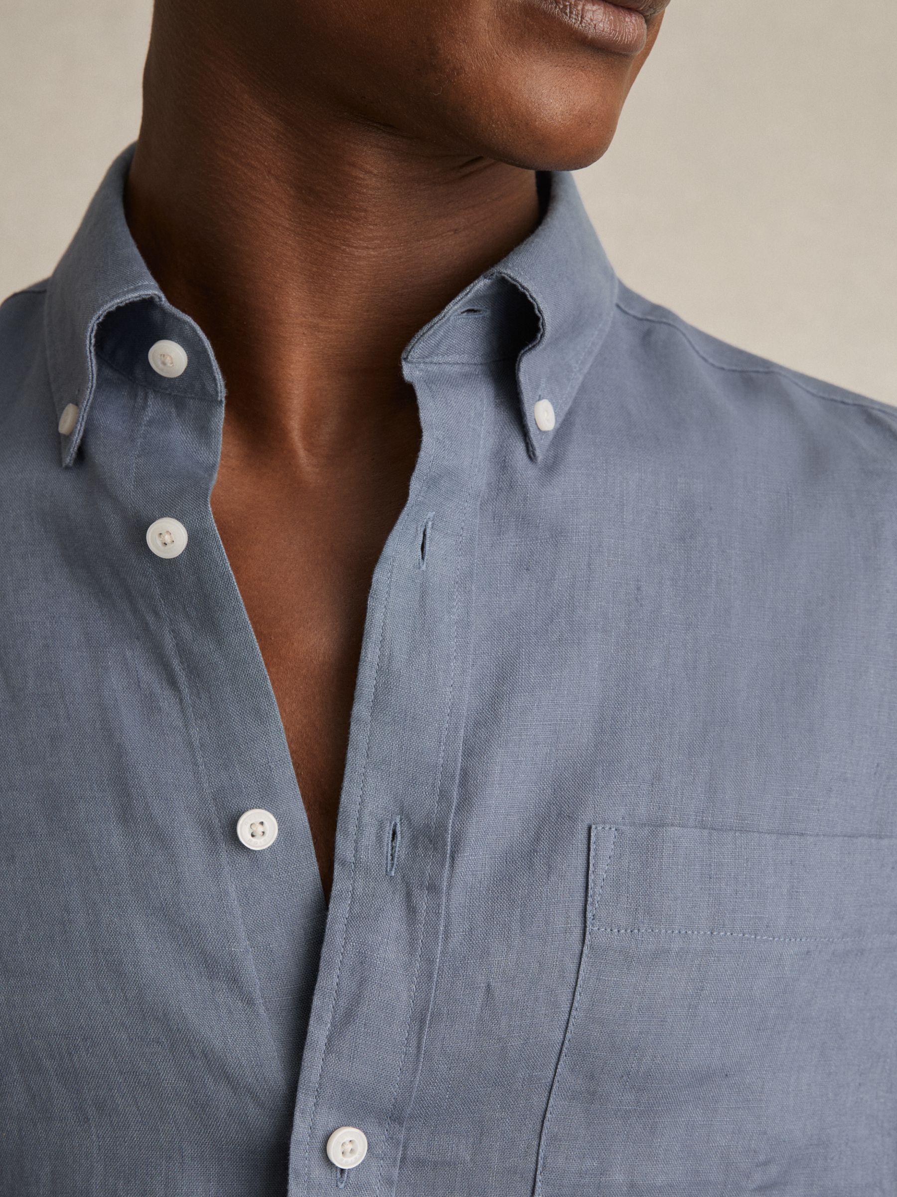 Linen Button-Through Shirt in Airforce Blue - Image 3 of 7