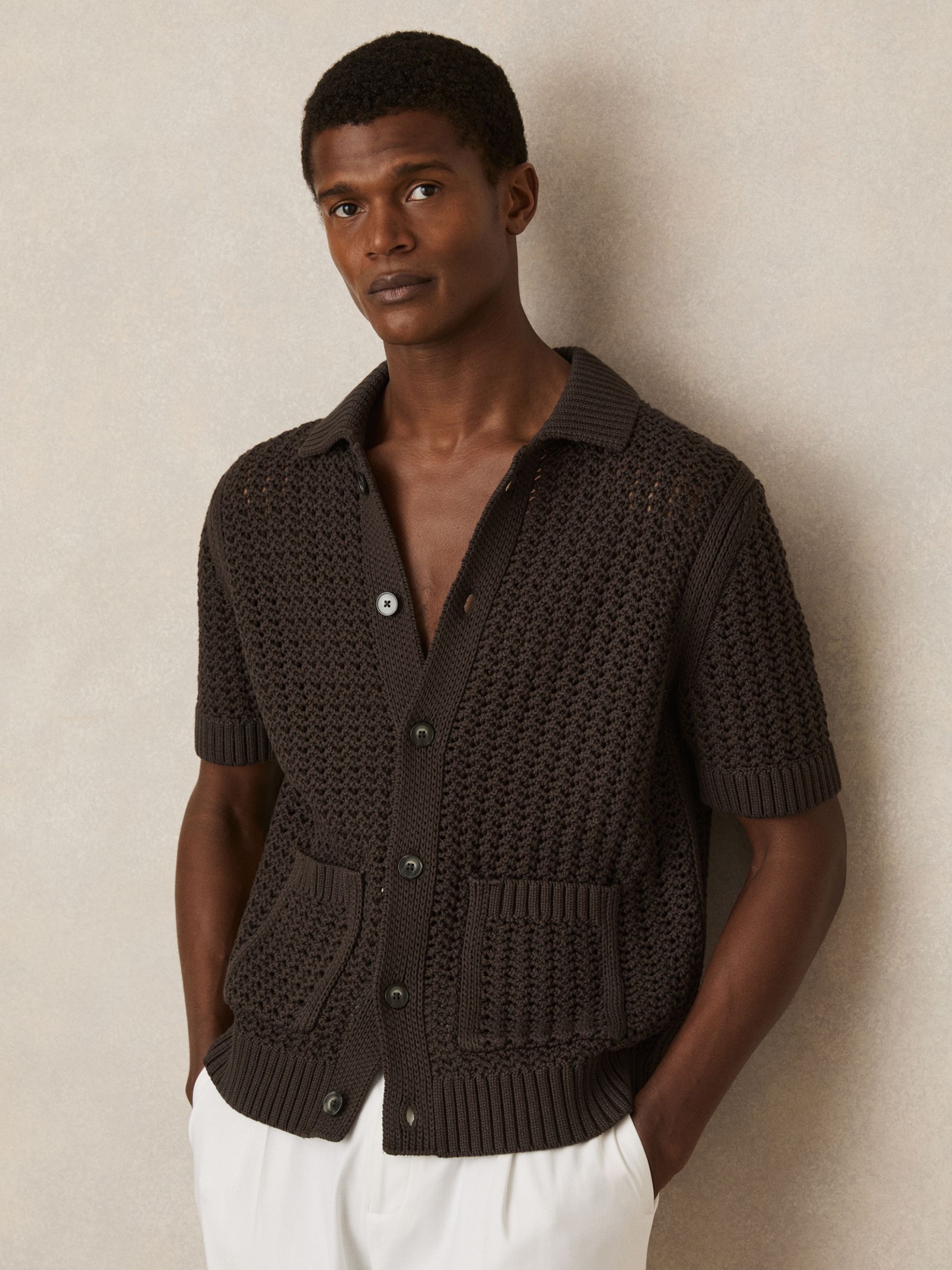 Crochet Button-Through Shirt in Chocolate Brown - Image 3 of 7
