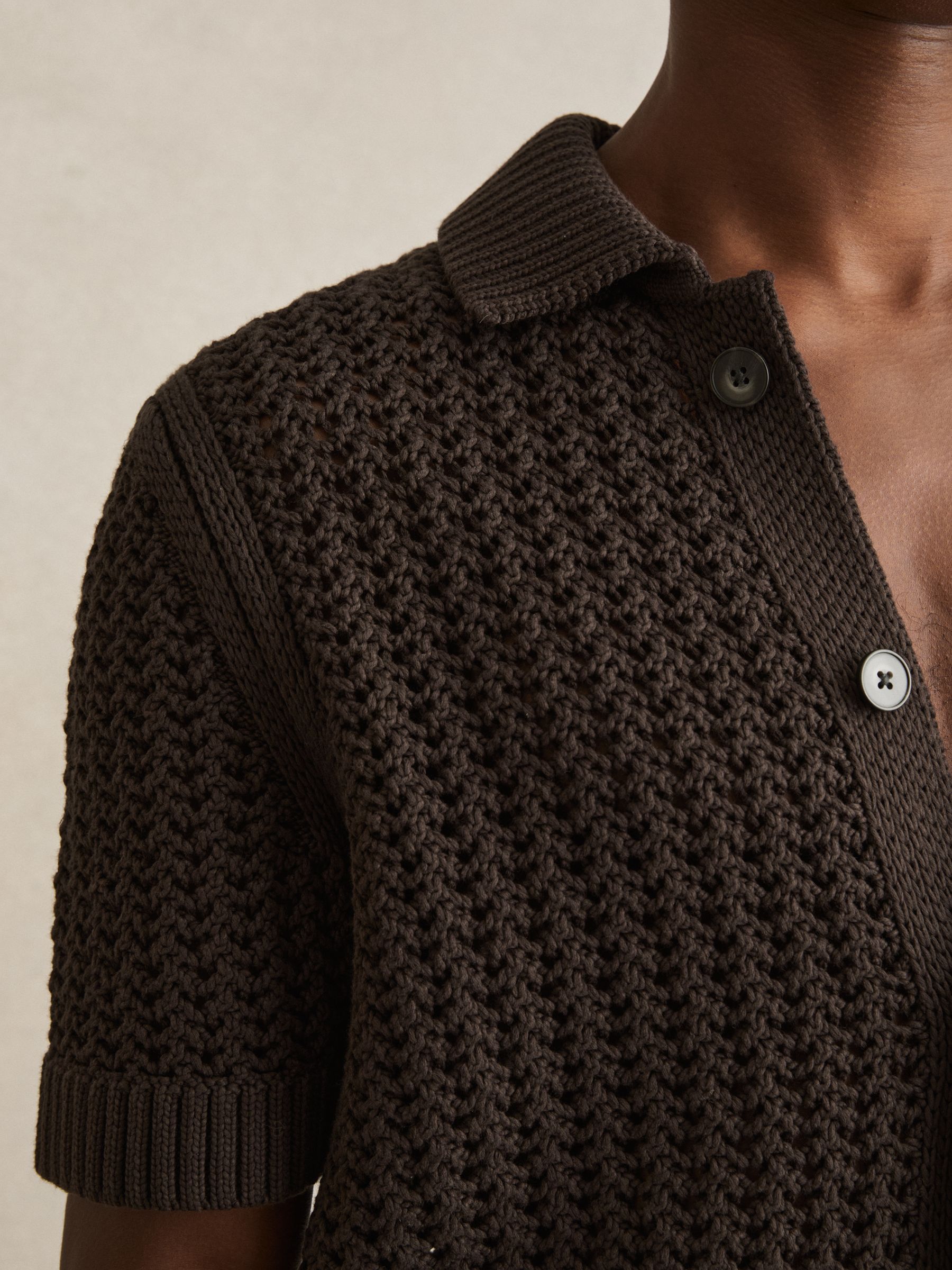 Crochet Button-Through Shirt in Chocolate Brown - Image 4 of 7