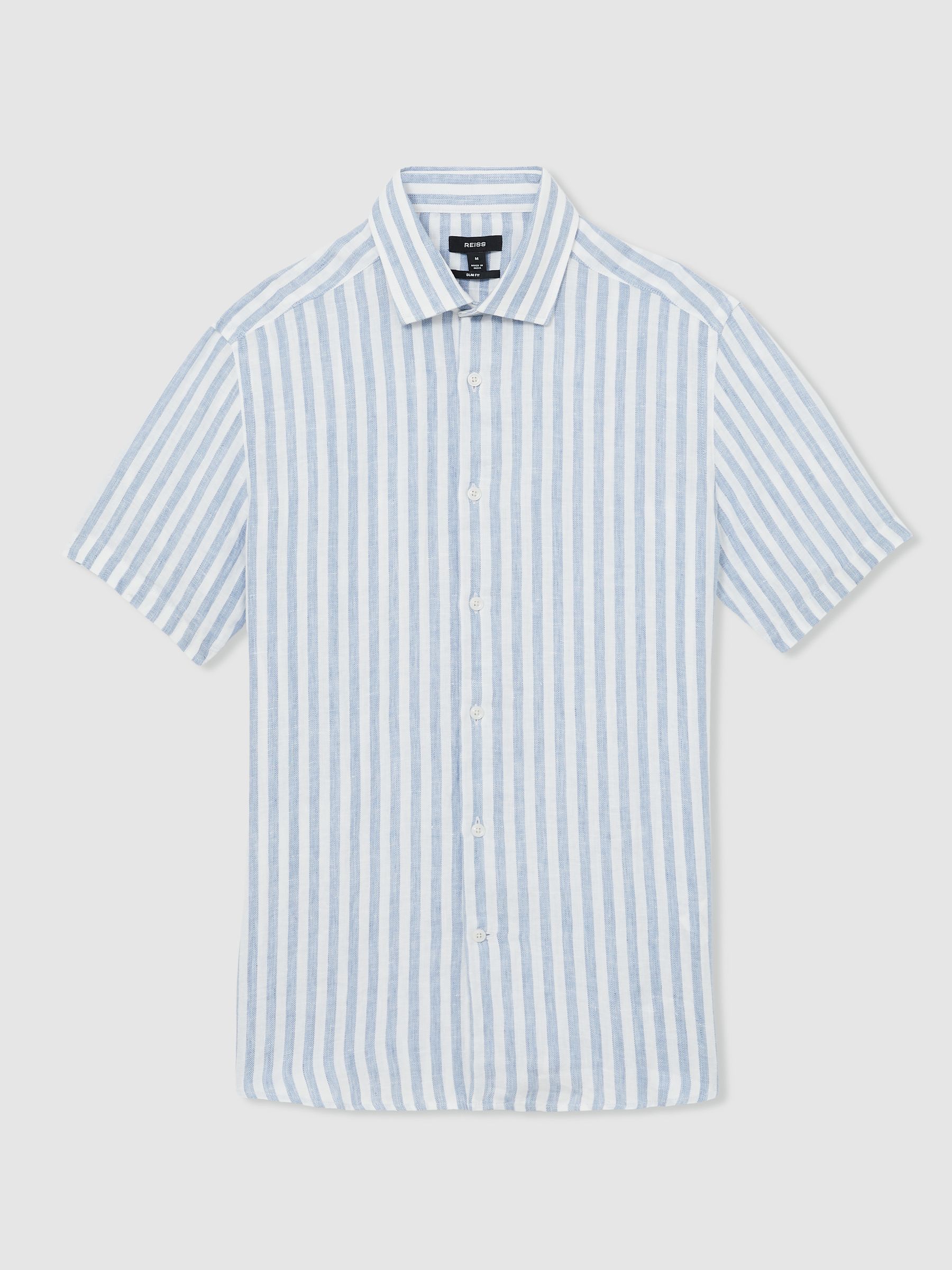 Linen Short-Sleeve Shirt in Soft Blue Herringbone Stripe - Image 2 of 6