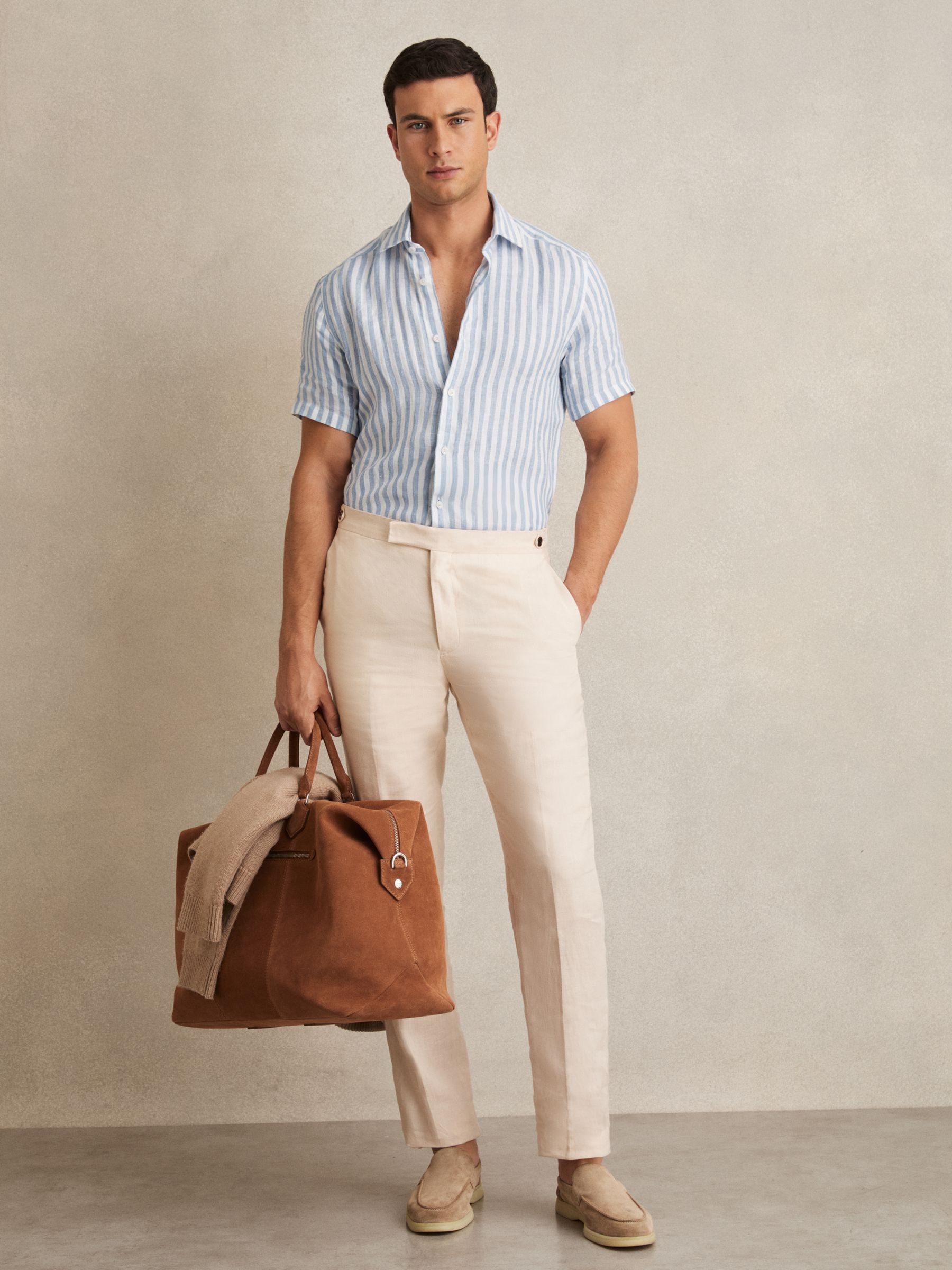 Linen Short-Sleeve Shirt in Soft Blue Herringbone Stripe - Image 3 of 6