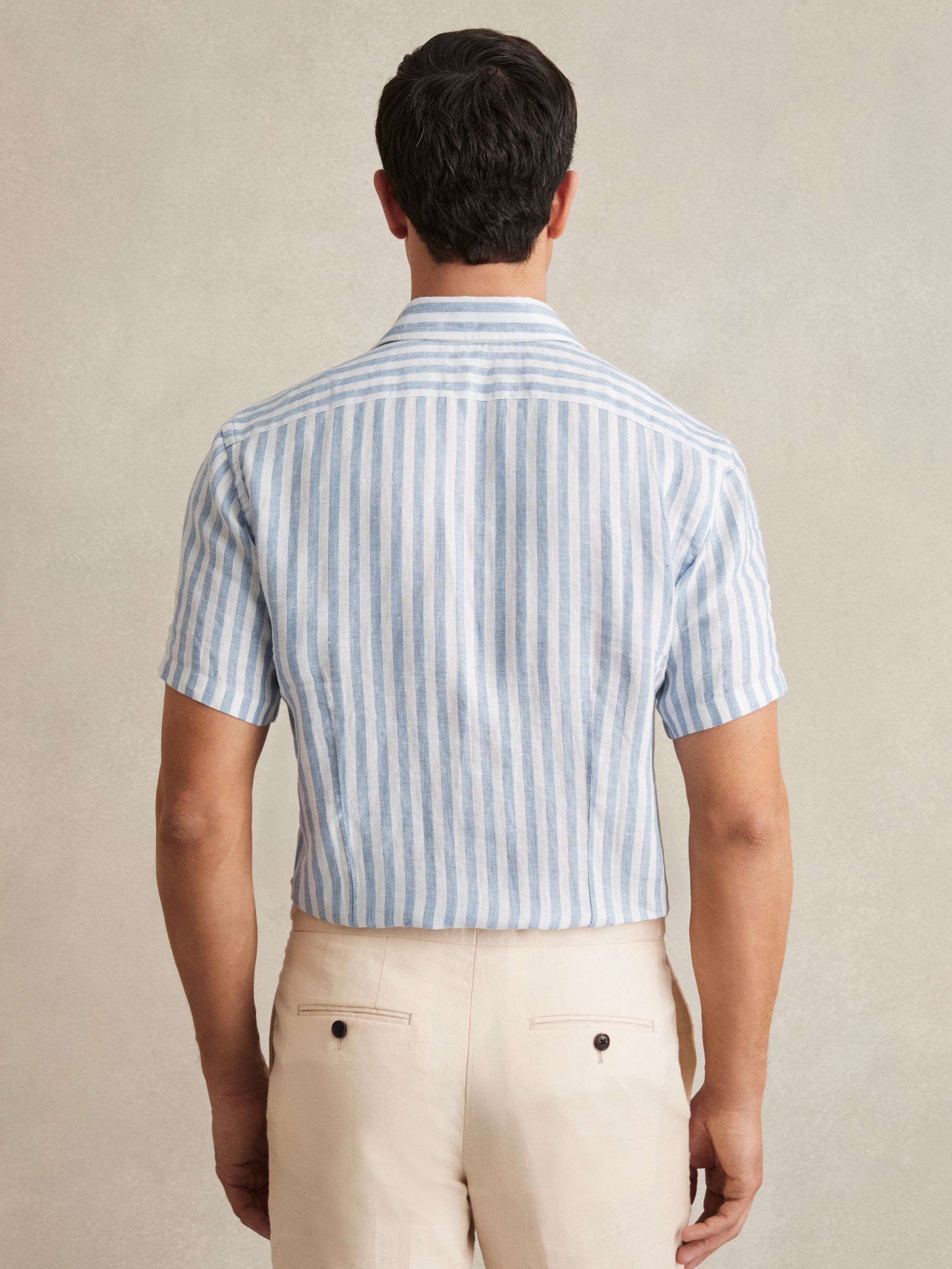 Linen Short-Sleeve Shirt in Soft Blue Herringbone Stripe - Image 5 of 6