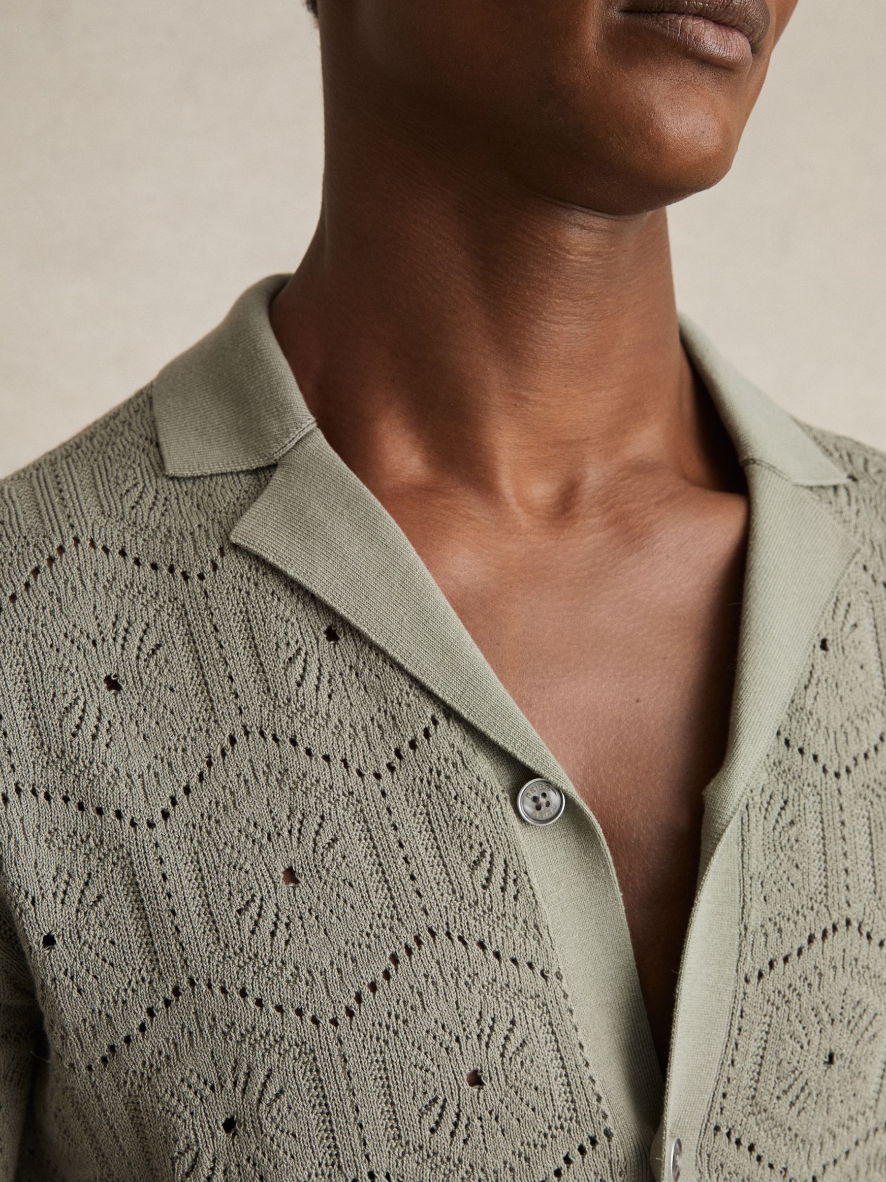 Pointelle Button-Through Shirt in Sage Green - Image 4 of 6