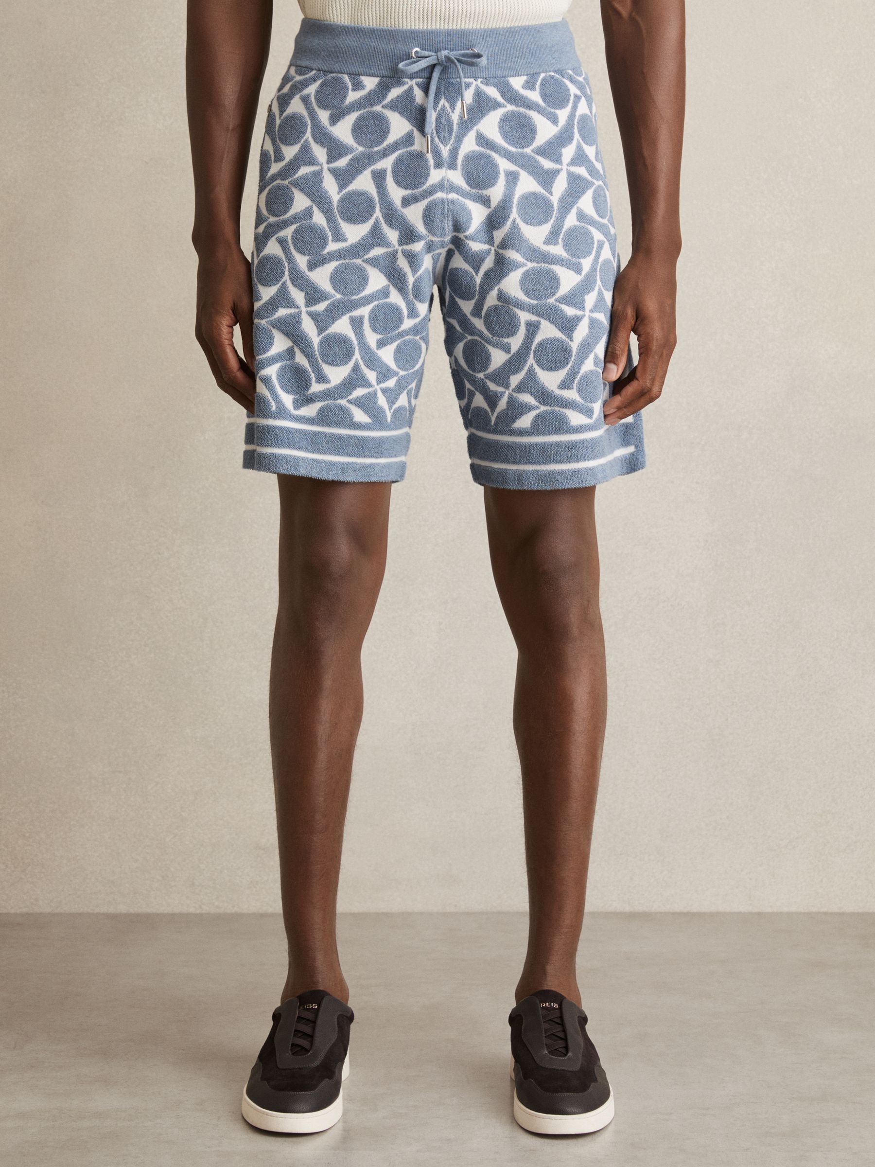 Abstract-Pattern Towelling Shorts in Soft Blue/White - image 3