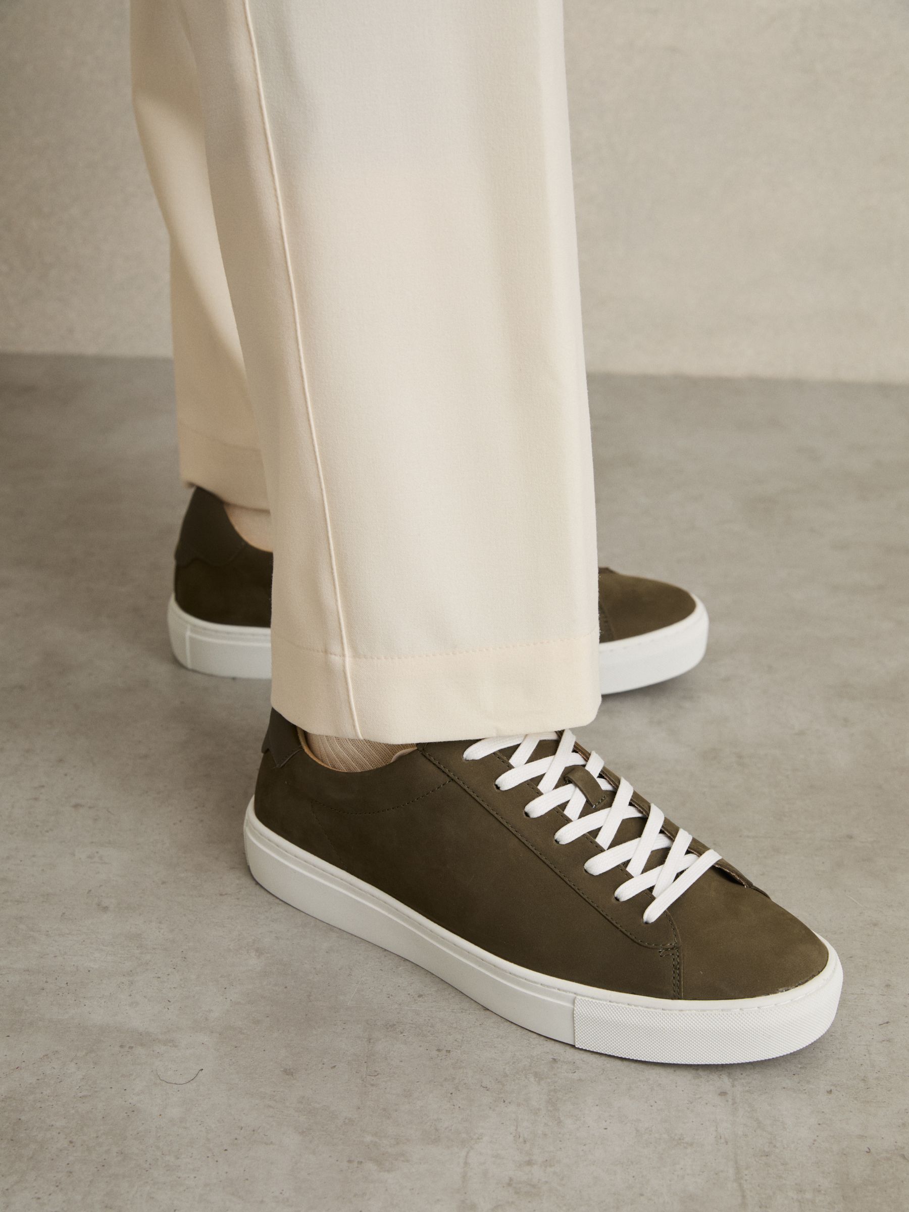 Nubuck-Leather Low-Top Trainers in Olive Green - Image 2 of 5