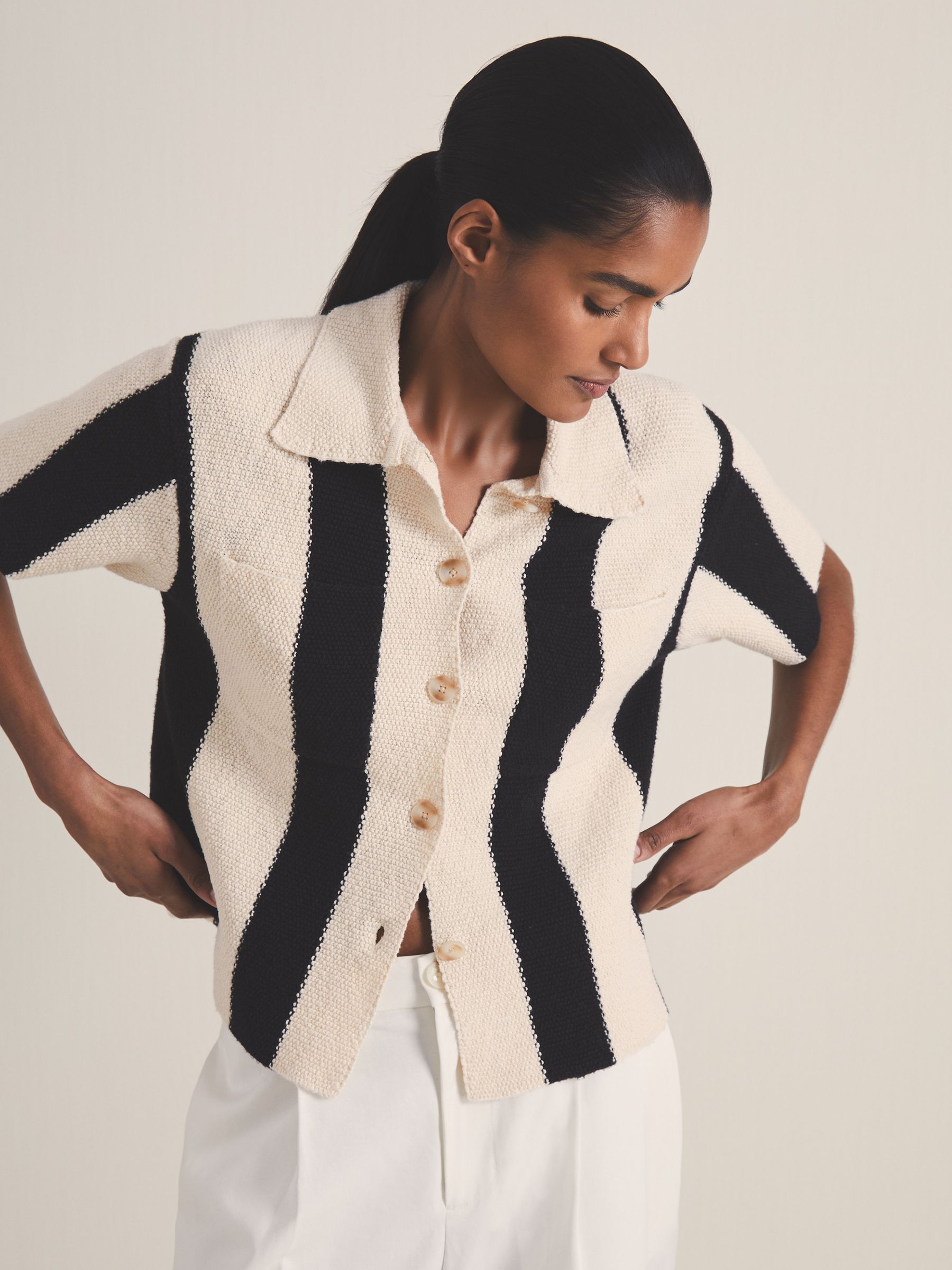 Reiss | Les 100 Ciels Stripe Knit Shirt in Black/Ivory - Image 1 of 6