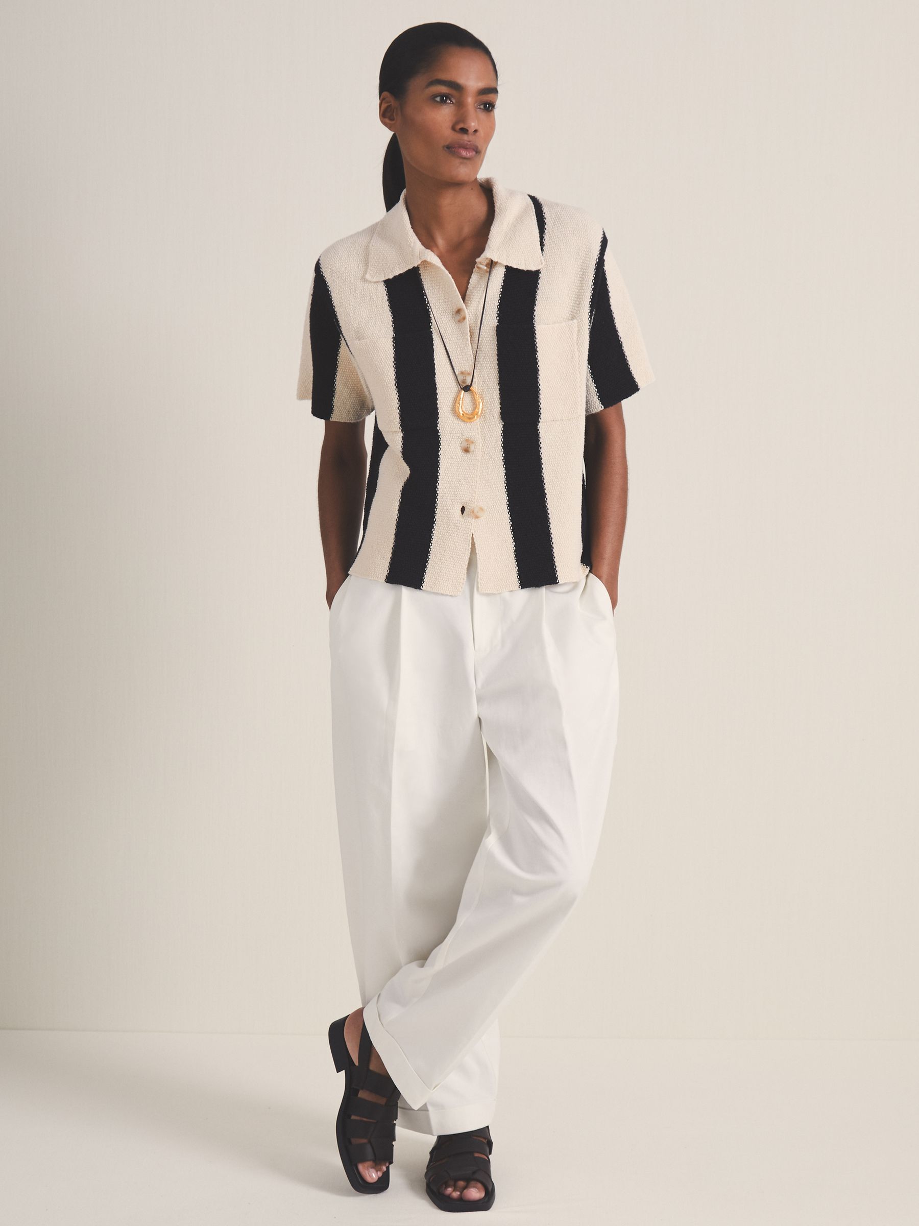 Reiss | Les 100 Ciels Stripe Knit Shirt in Black/Ivory - Image 3 of 6