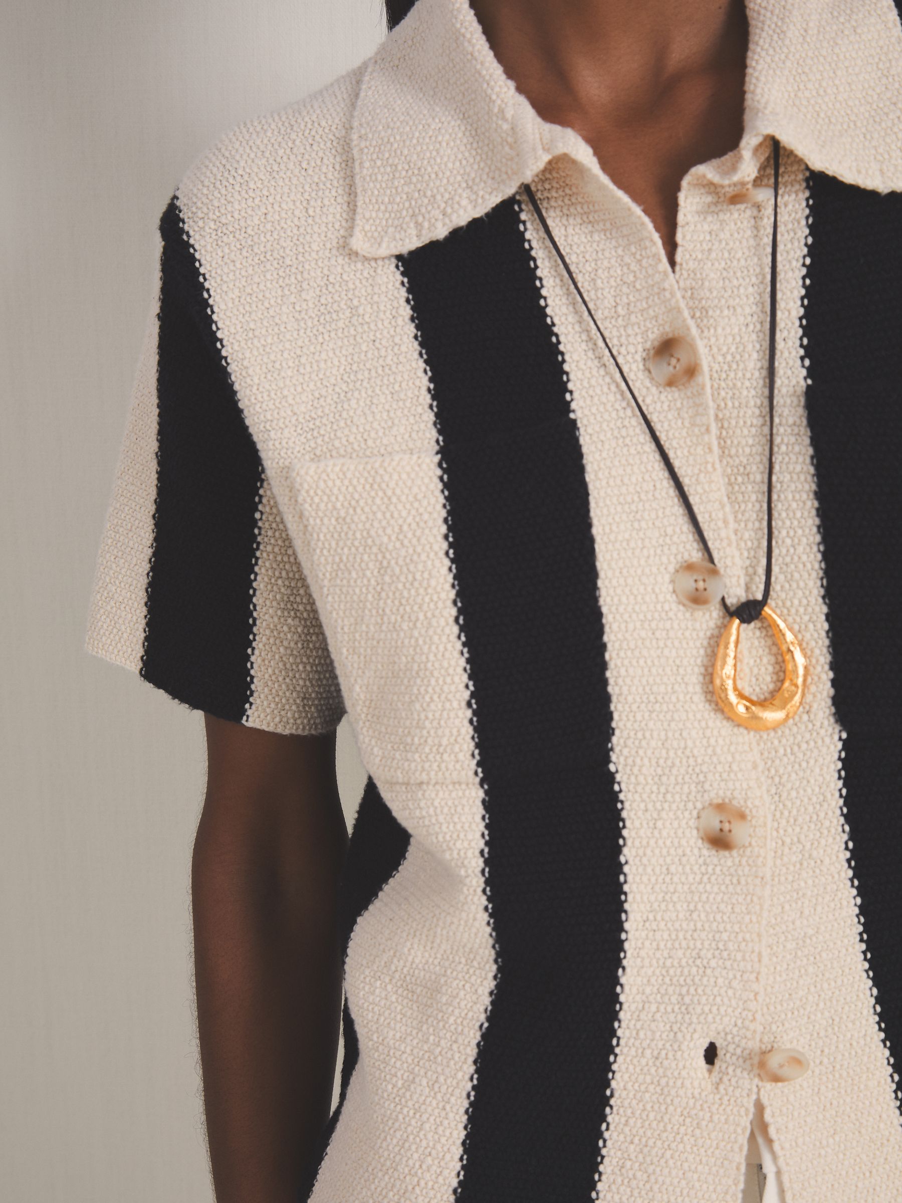 Reiss | Les 100 Ciels Stripe Knit Shirt in Black/Ivory - Image 4 of 6