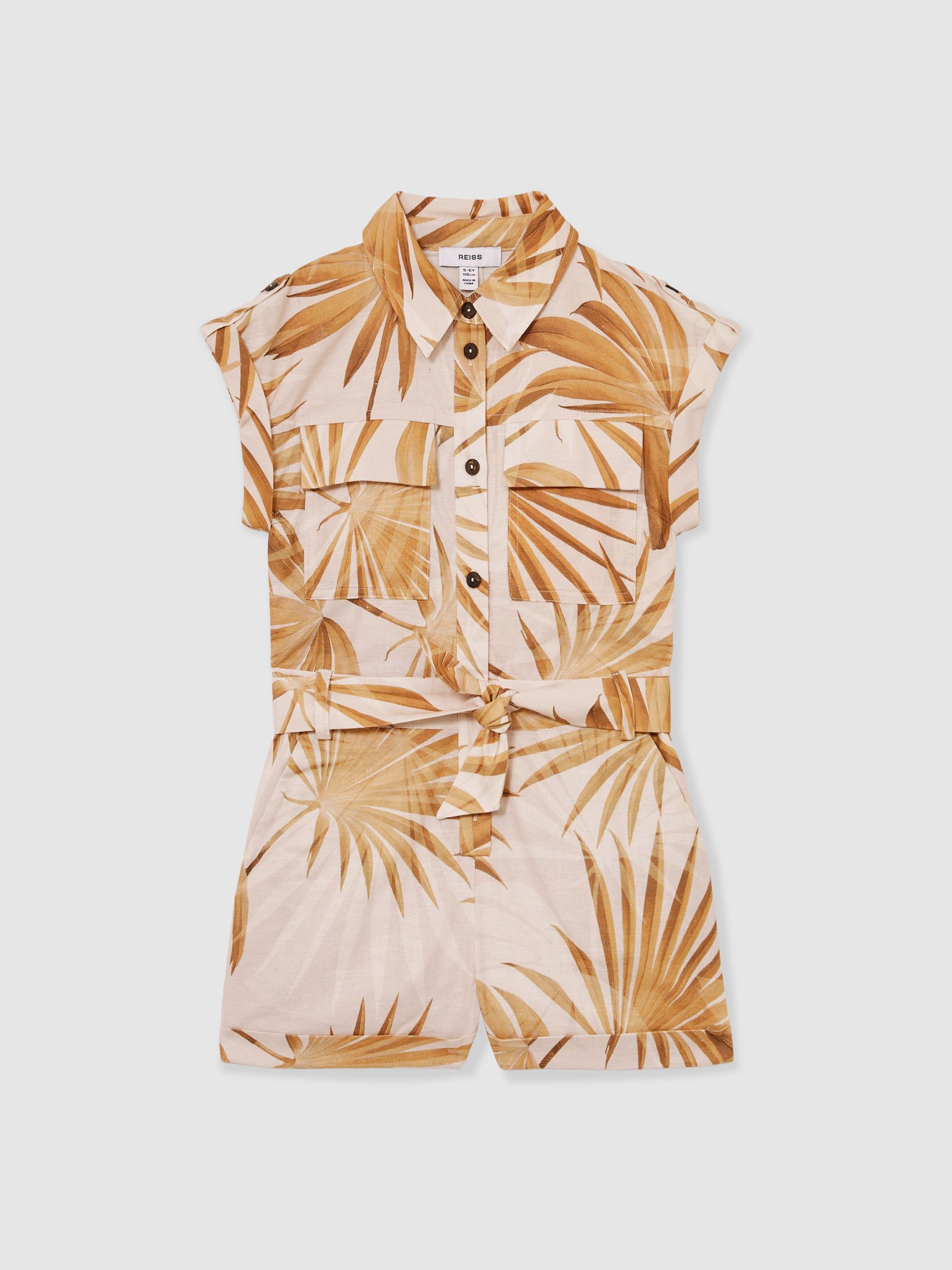 Cotton-Linen Palm-Print Playsuit in Multi - Image 1 of 4