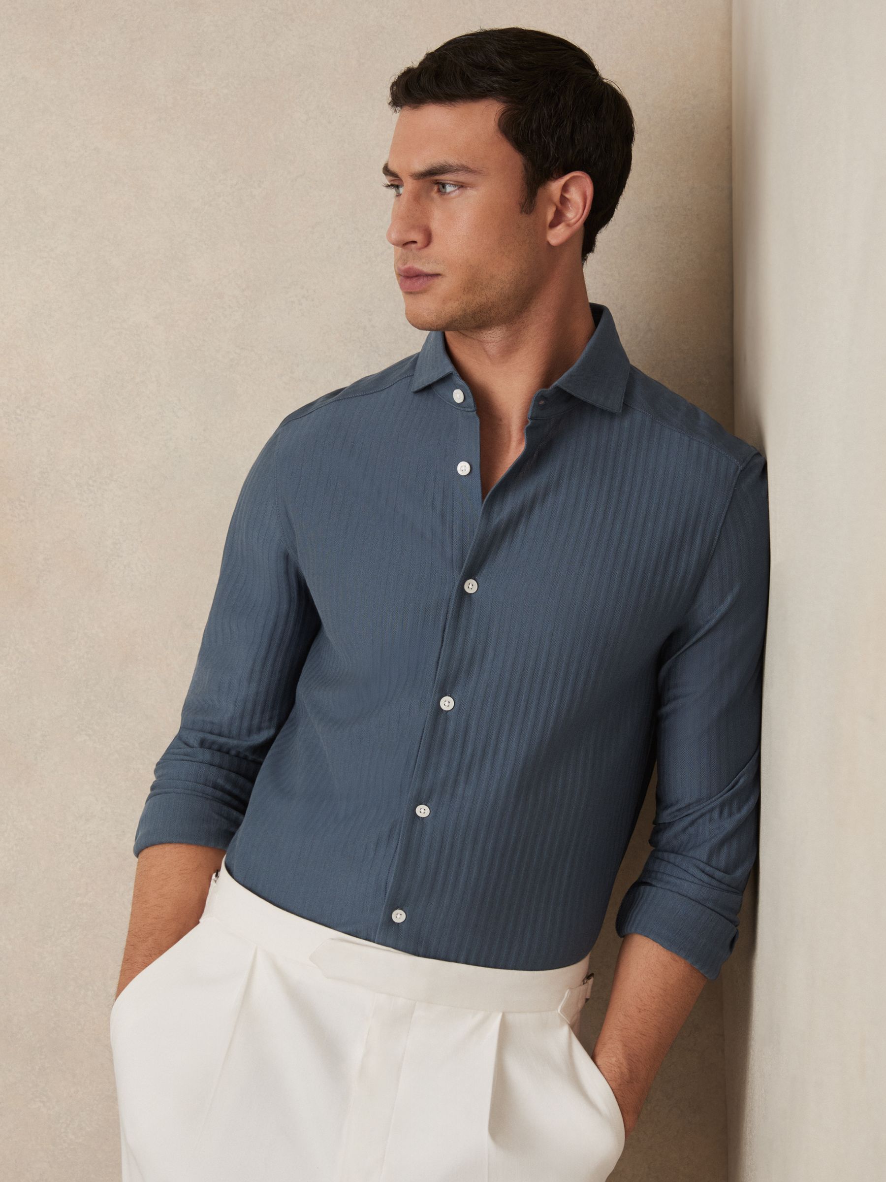 Cotton-Jersey Stripe-Jacquard Shirt in Airforce Blue - Image 1 of 6 Cotton-Jersey Stripe-Jacquard Shirt in Airforce Blue - Image 1 of 6
