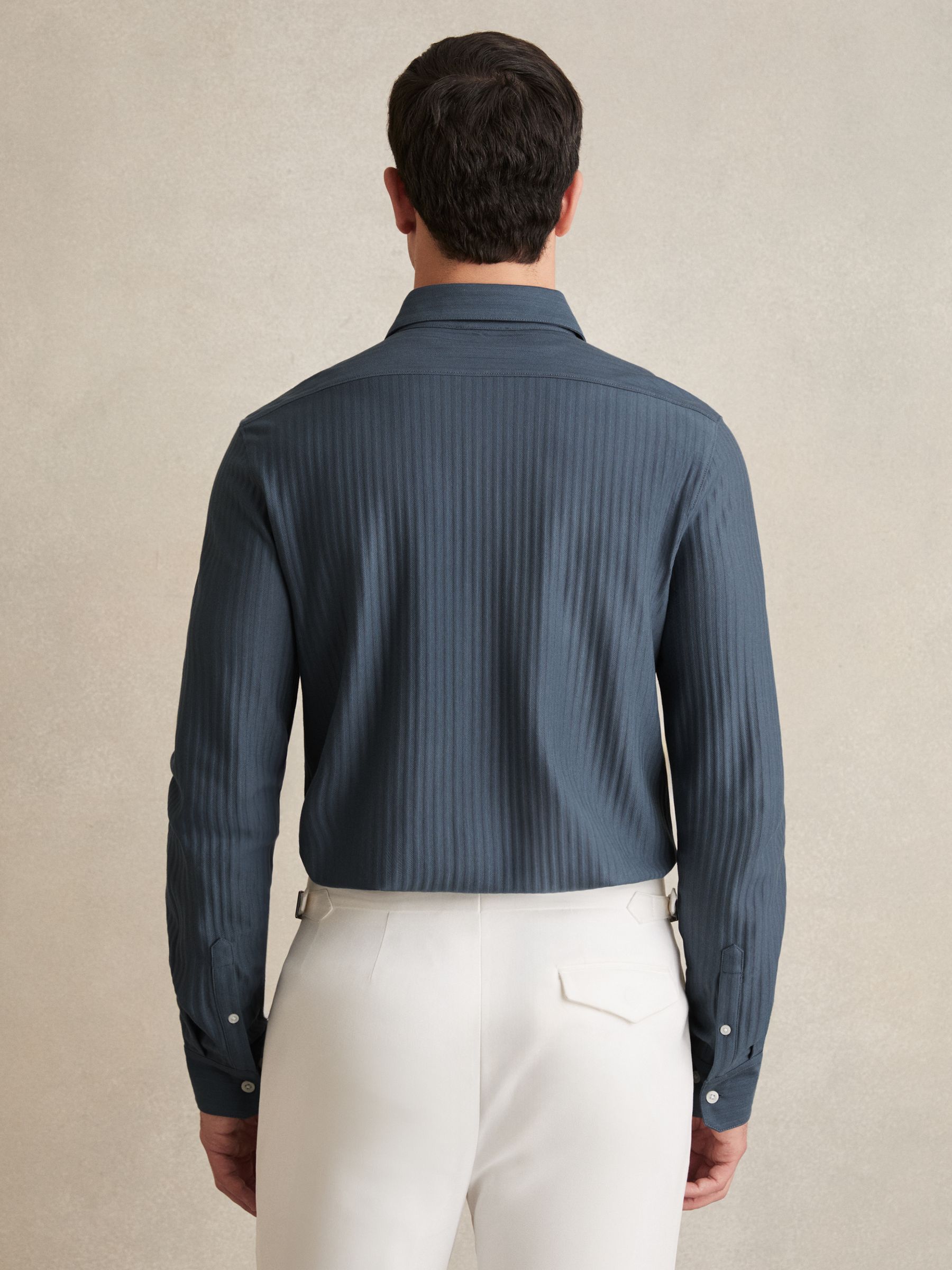 Cotton-Jersey Stripe-Jacquard Shirt in Airforce Blue - Image 5 of 6