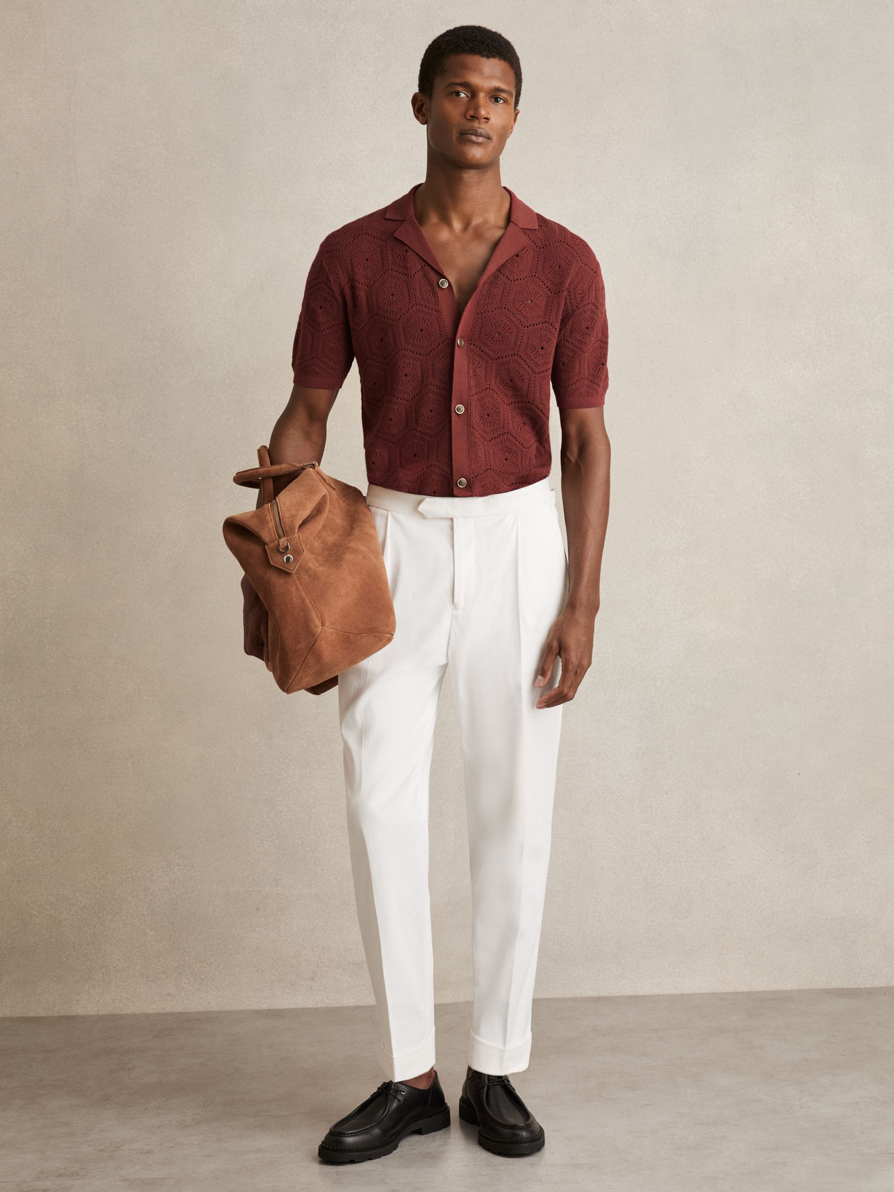 Pointelle Button-Through Shirt in Brick Red - Image 3 of 6