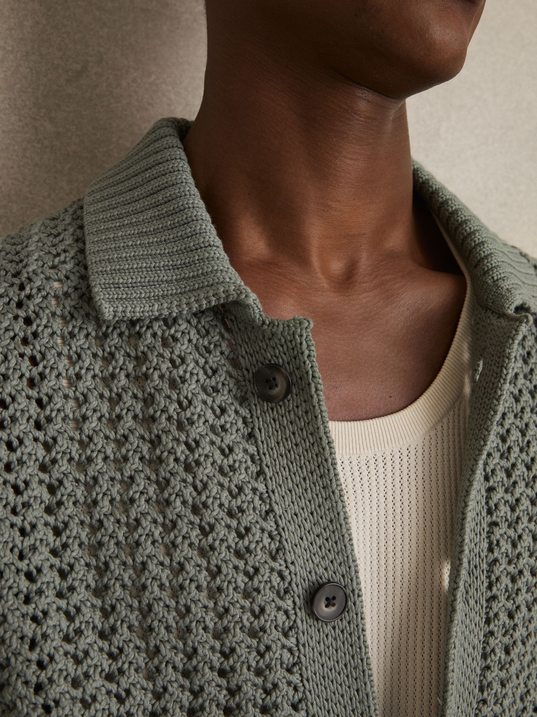 Crochet Button-Through Shirt in Sage Green - Image 4 of 6
