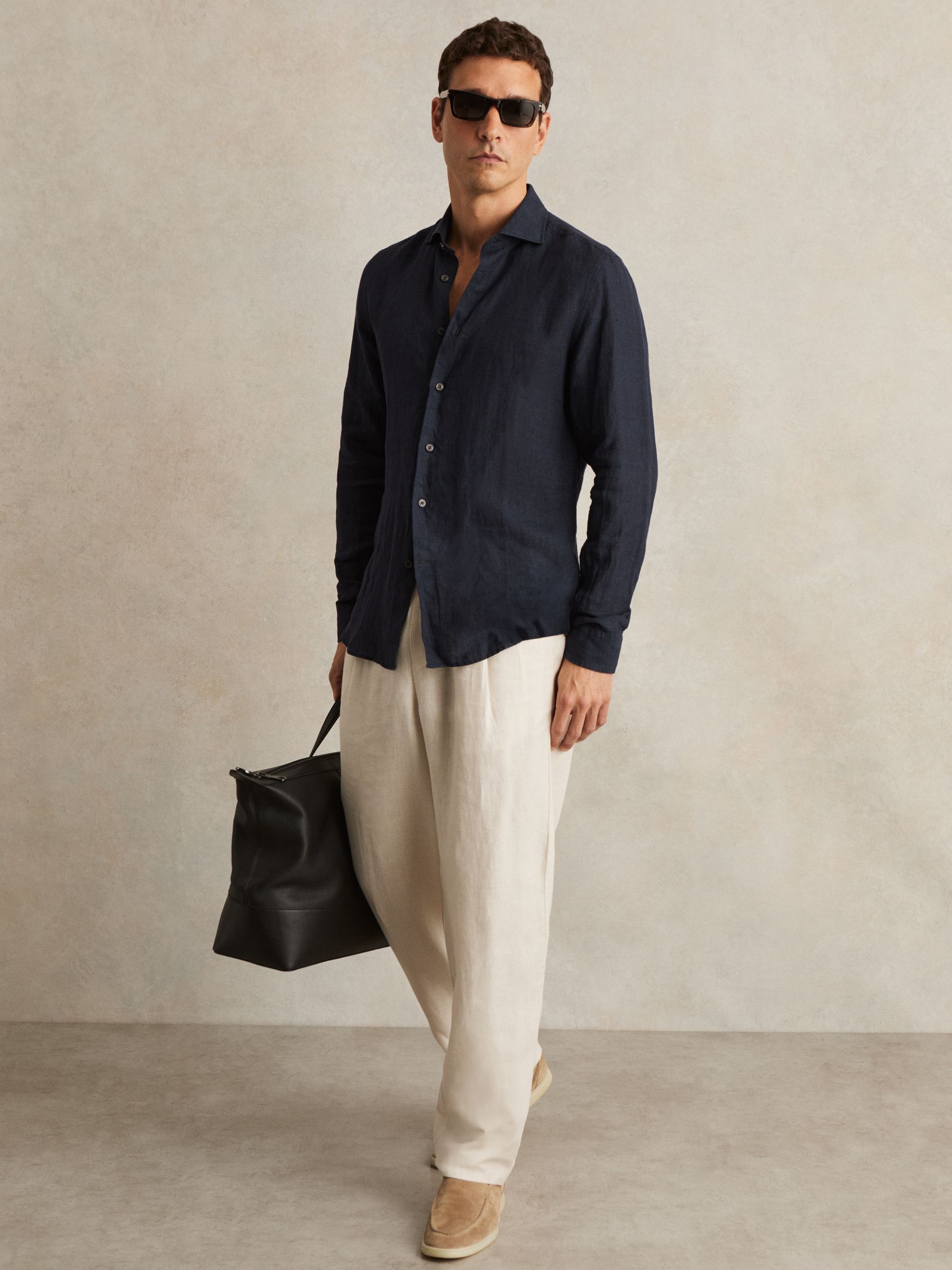 Linen Button-Through Shirt in Navy - Image 3 of 7
