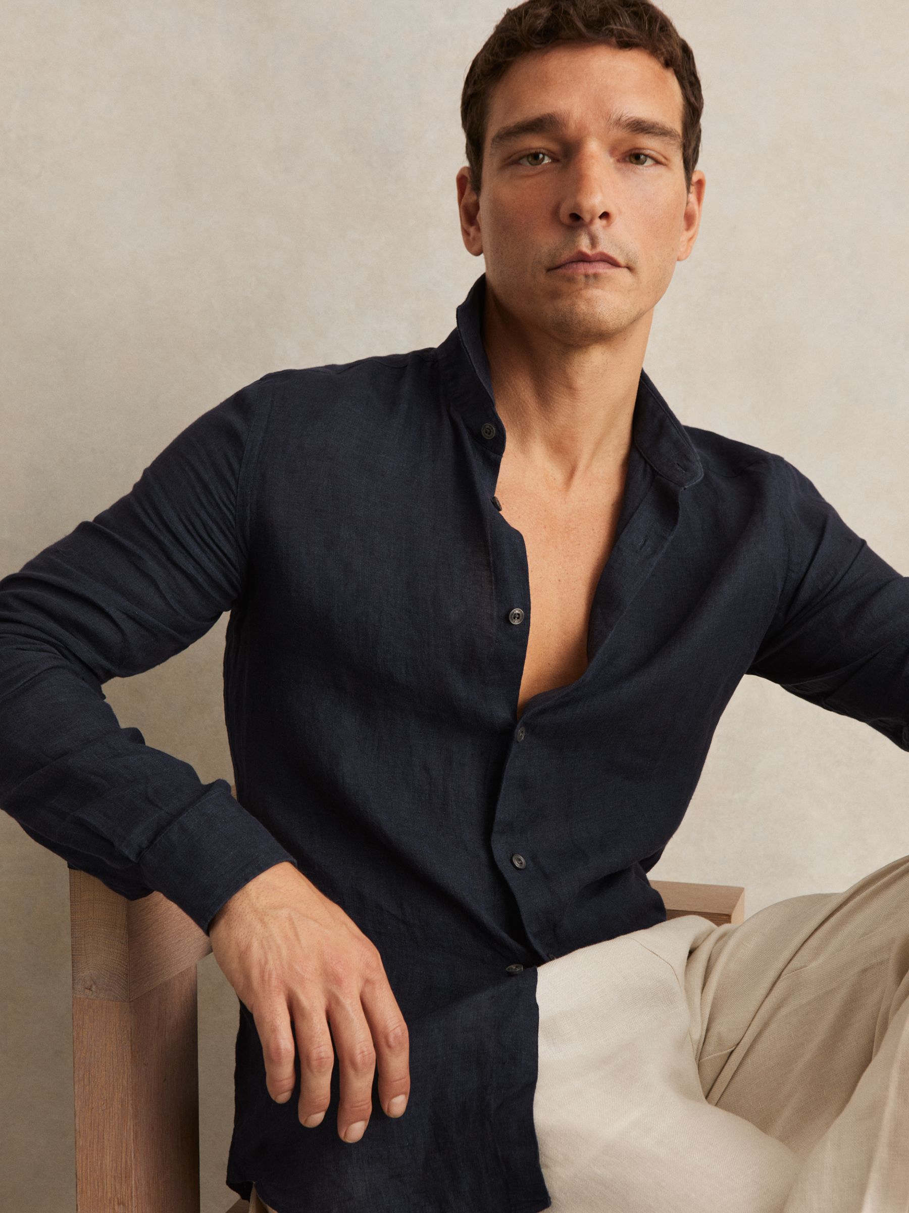 Linen Button-Through Shirt in Navy - Image 5 of 7
