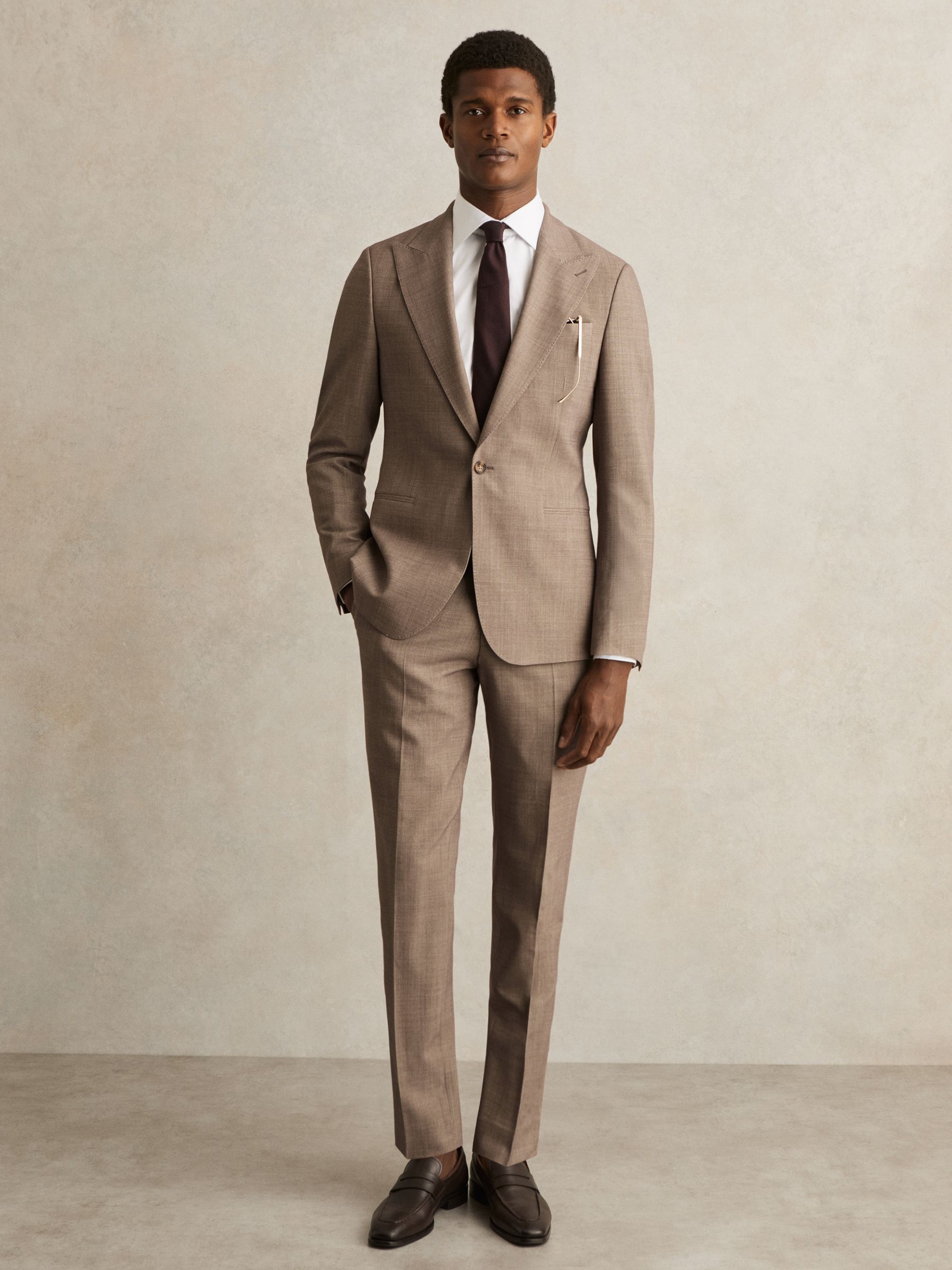 Single-Breasted Textured Blazer Slim-Fit With Wool in Brown - Image 1 of 9