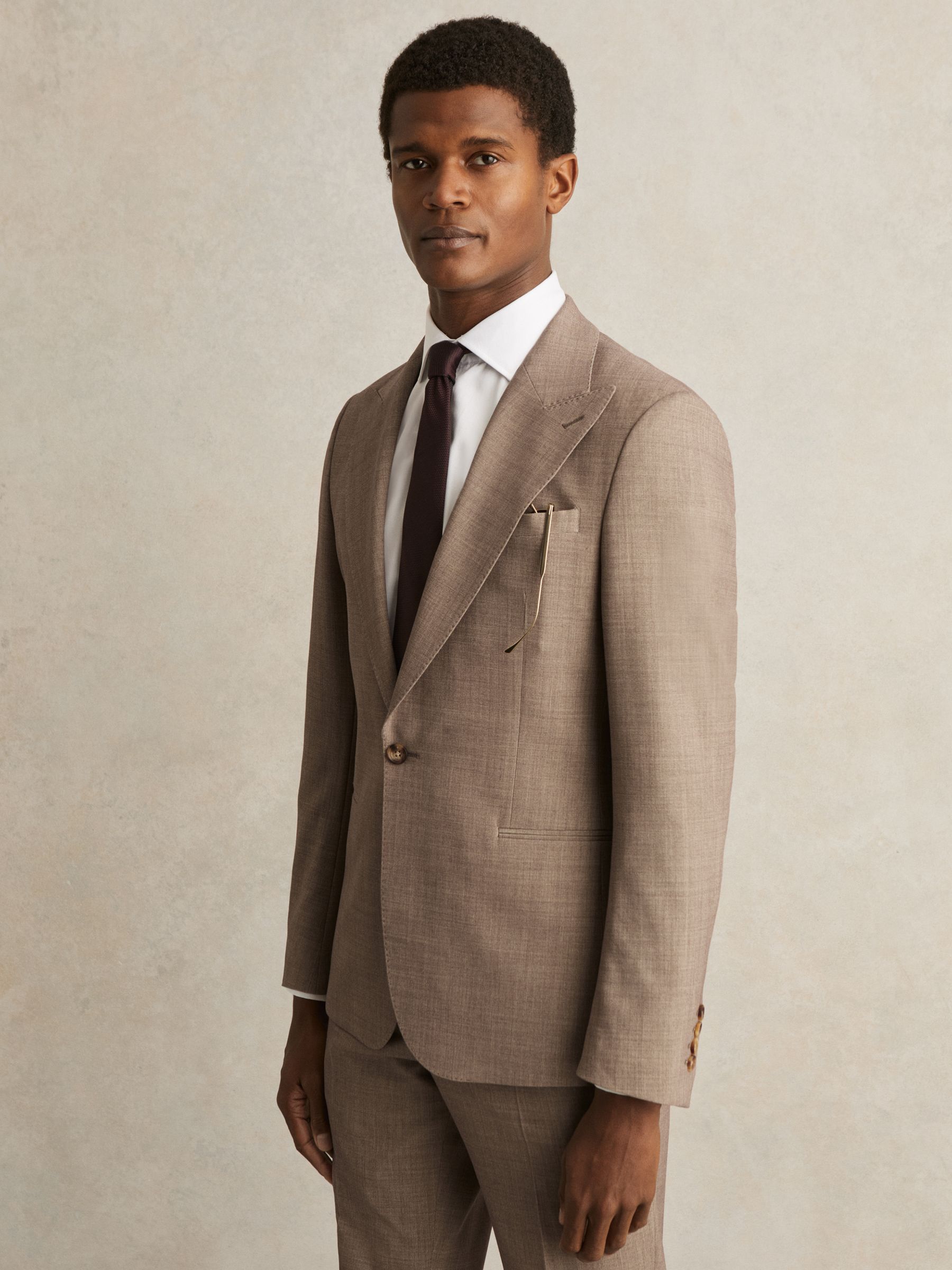 Single-Breasted Textured Blazer Slim-Fit With Wool in Brown - Image 3 of 9