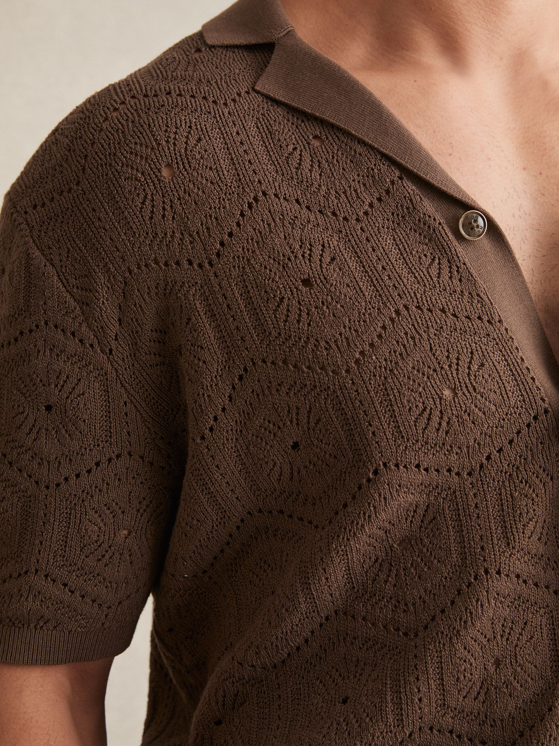 Pointelle Button-Through Shirt in Brown - Image 4 of 6