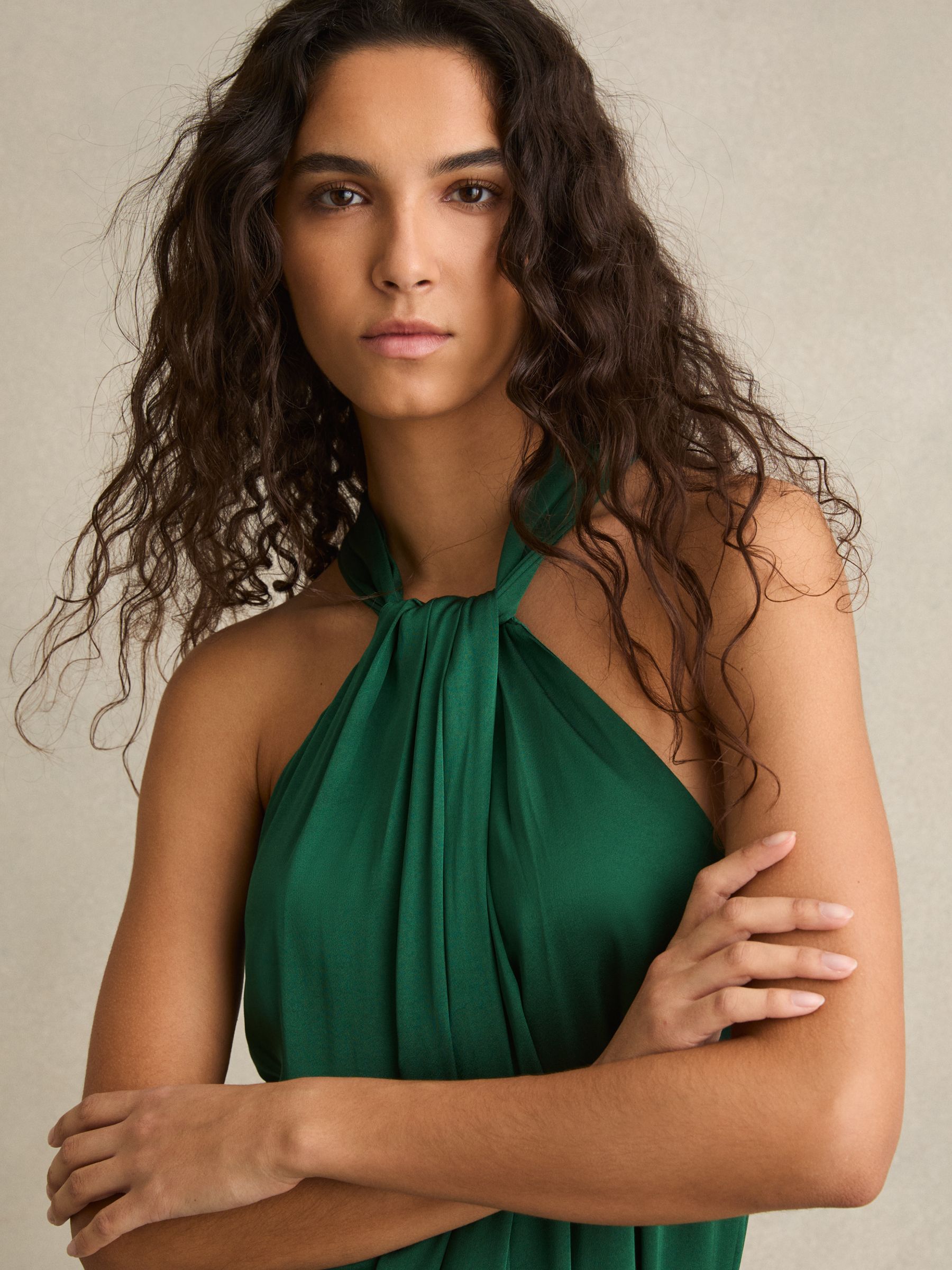 Satin Wide-Leg Draped Jumpsuit in Green - Image 3 of 5