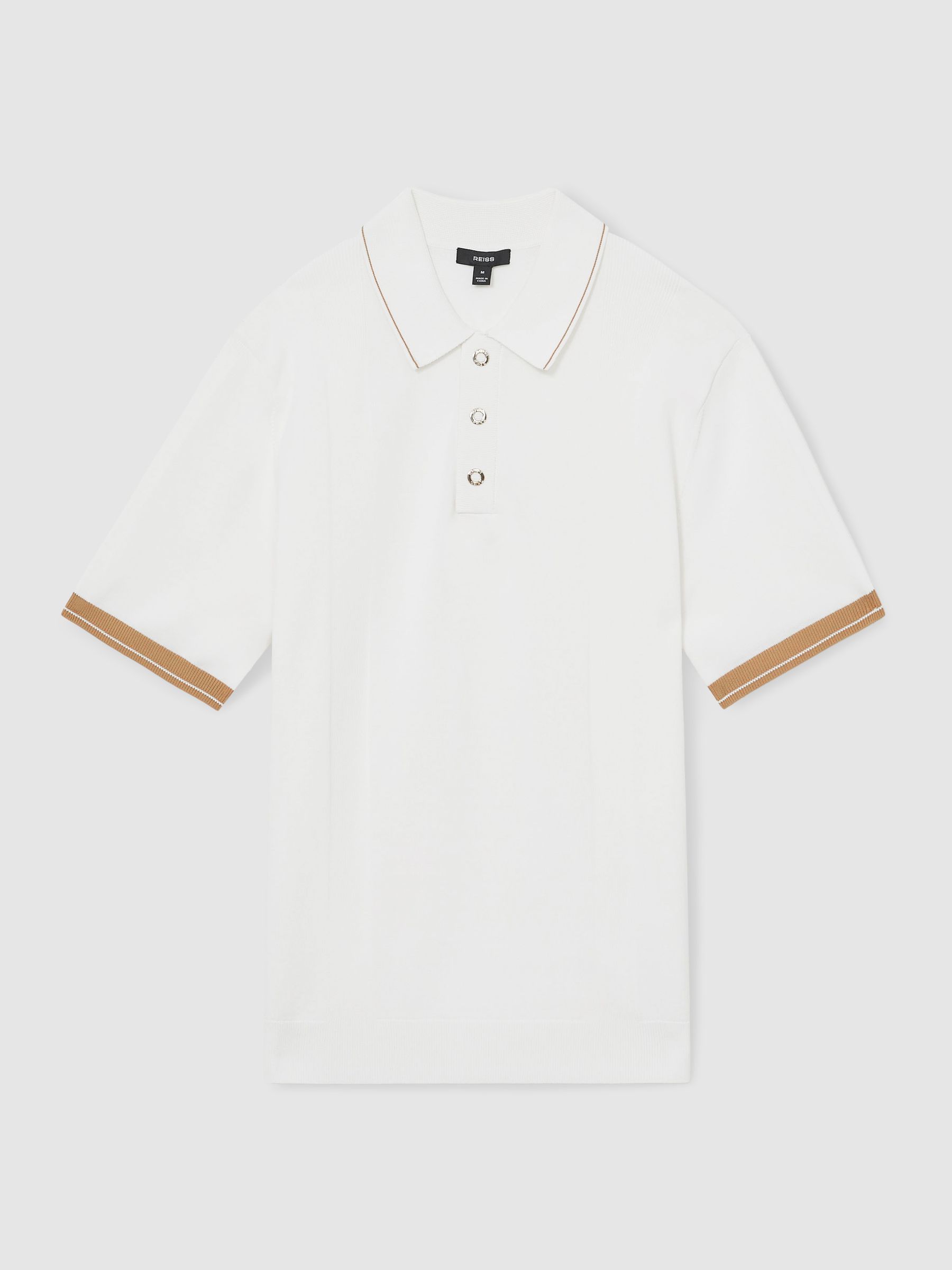 Tipped Knit Polo Shirt in White/Camel - Image 2 of 6