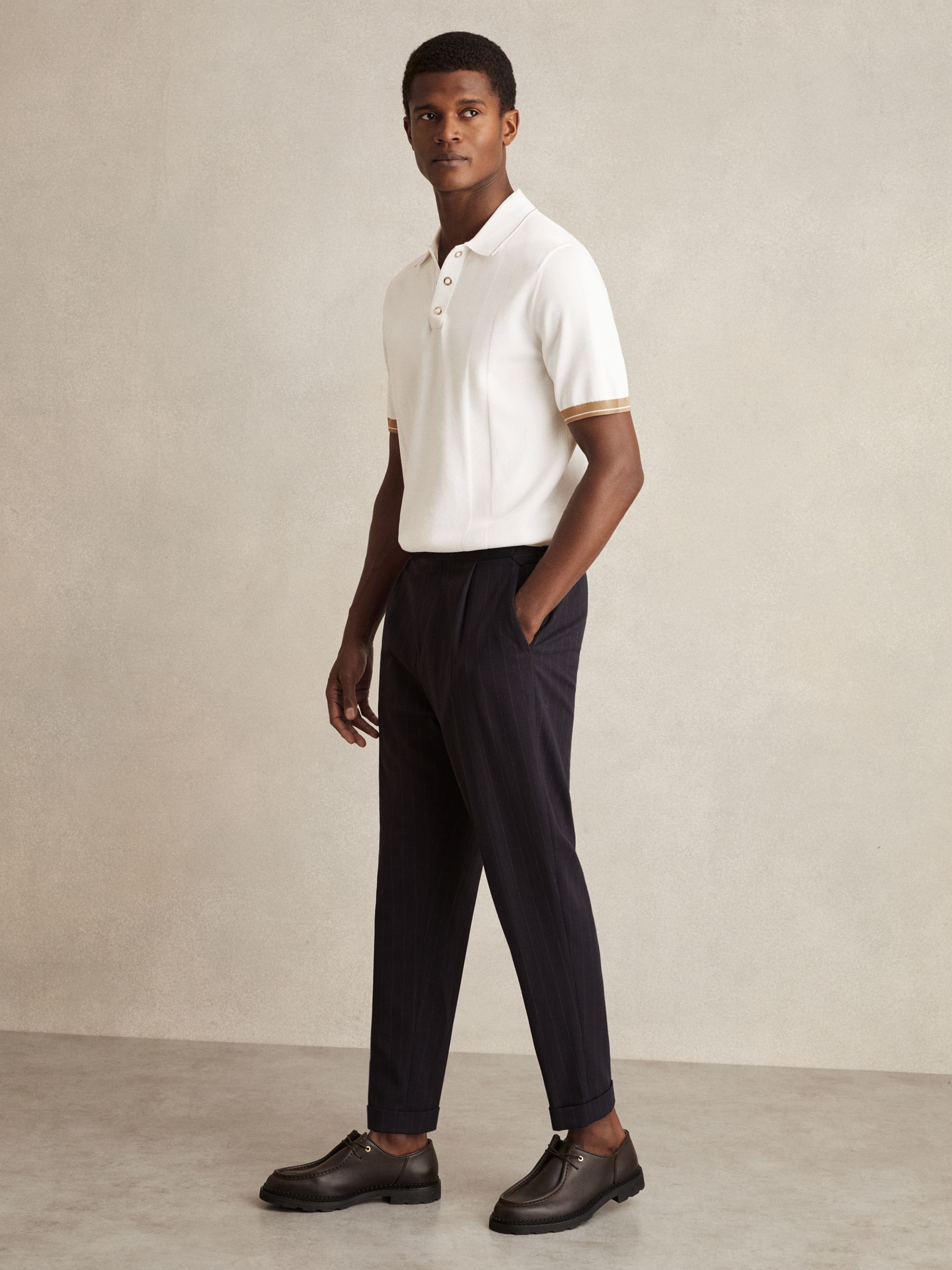 Tipped Knit Polo Shirt in White/Camel - Image 3 of 6