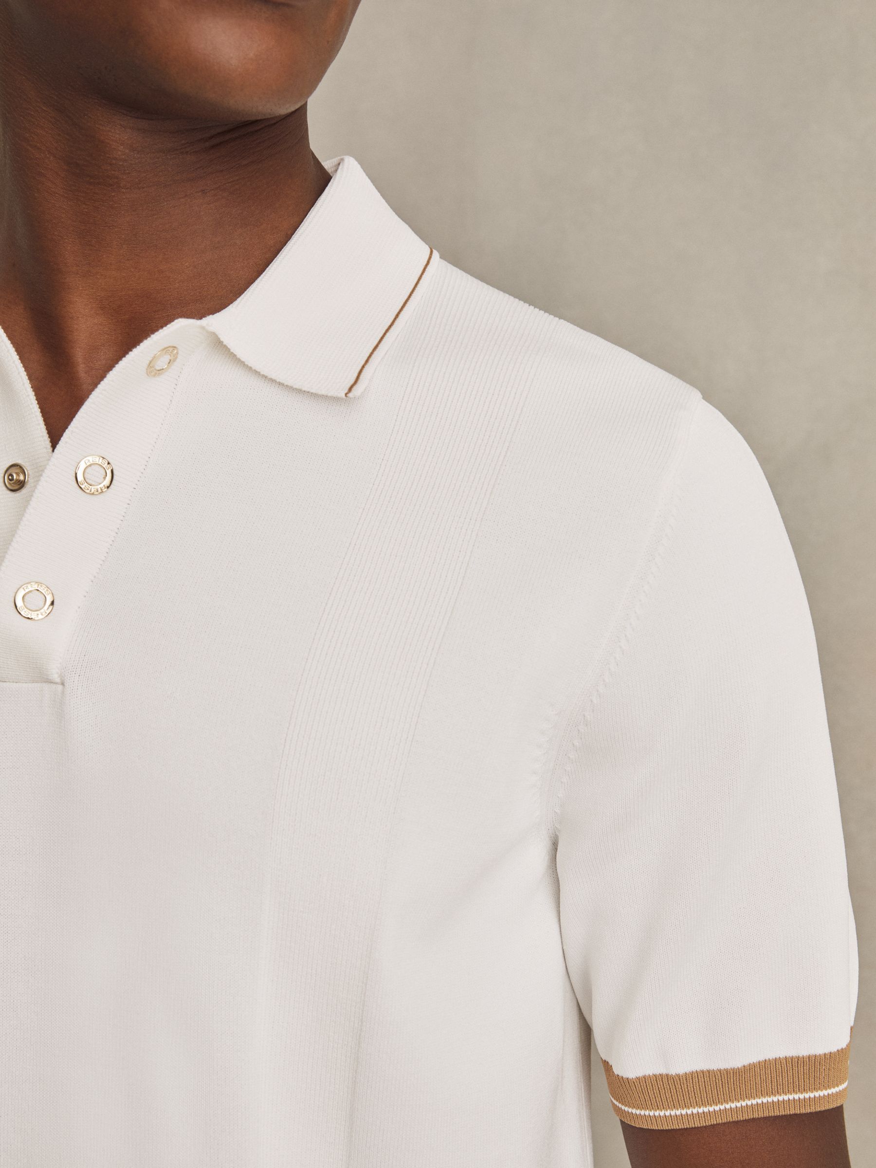 Tipped Knit Polo Shirt in White/Camel - Image 4 of 6