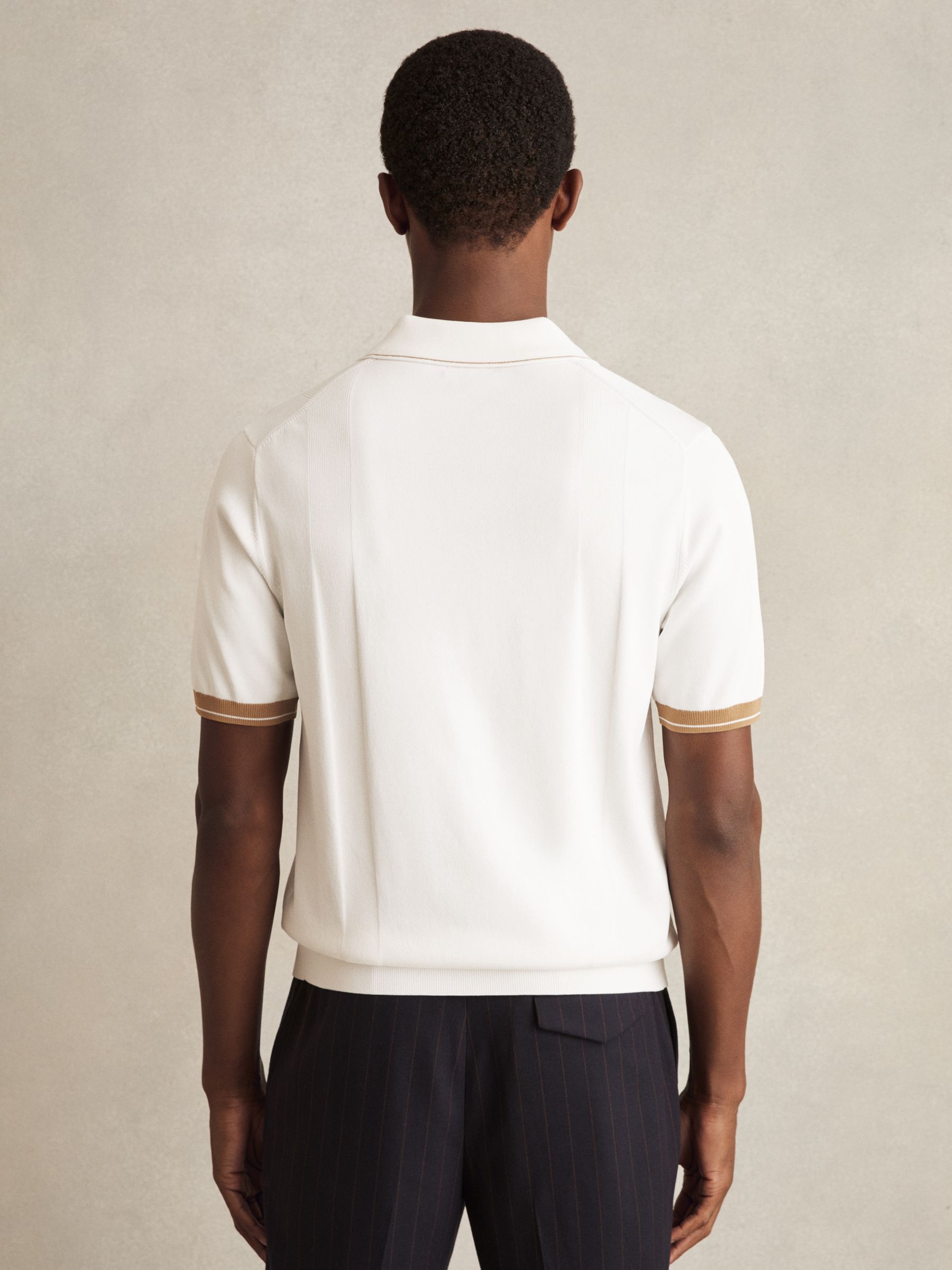 Tipped Knit Polo Shirt in White/Camel - Image 5 of 6