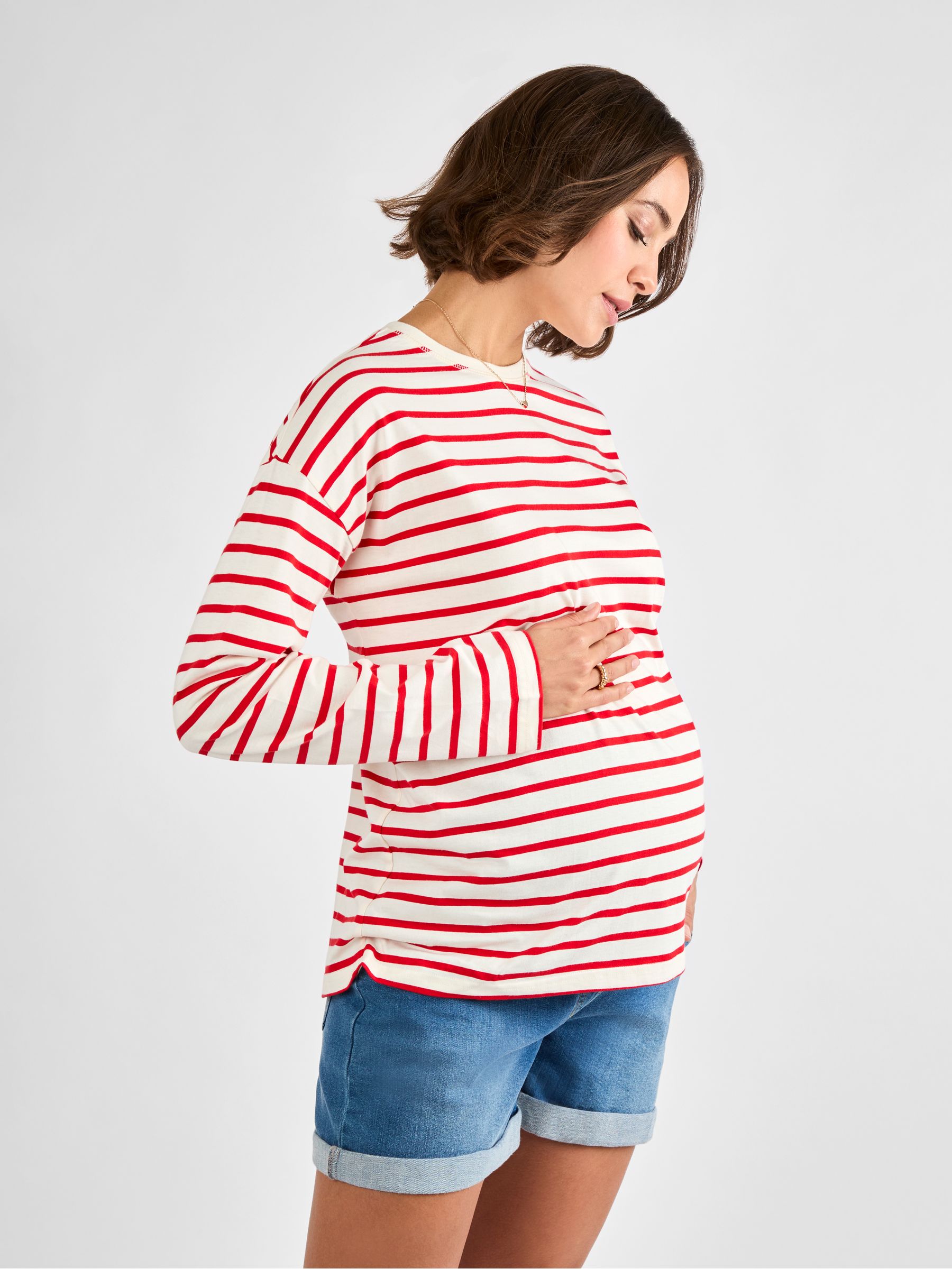 Red Stripe Long Sleeve Boyfriend Maternity T-Shirt - Image 1 of 3