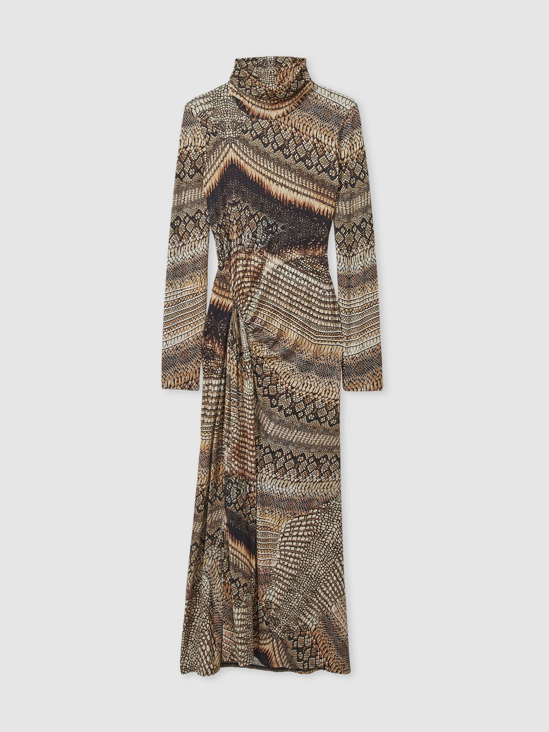 Snake-Print Draped Midi Dress in Brown