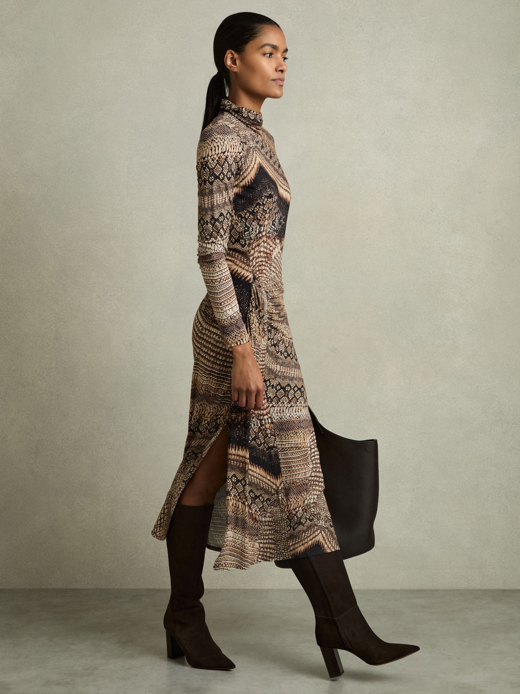 Snake-Print Draped Midi Dress in Brown - Image 3 of 6