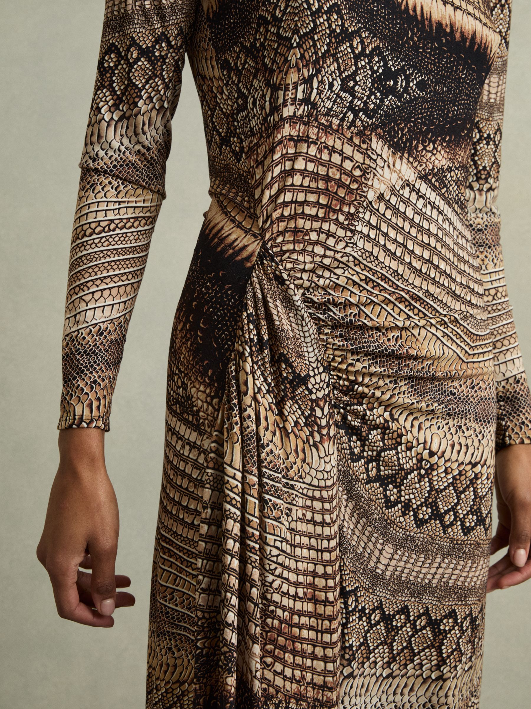 Snake-Print Draped Midi Dress in Brown - Image 4 of 6