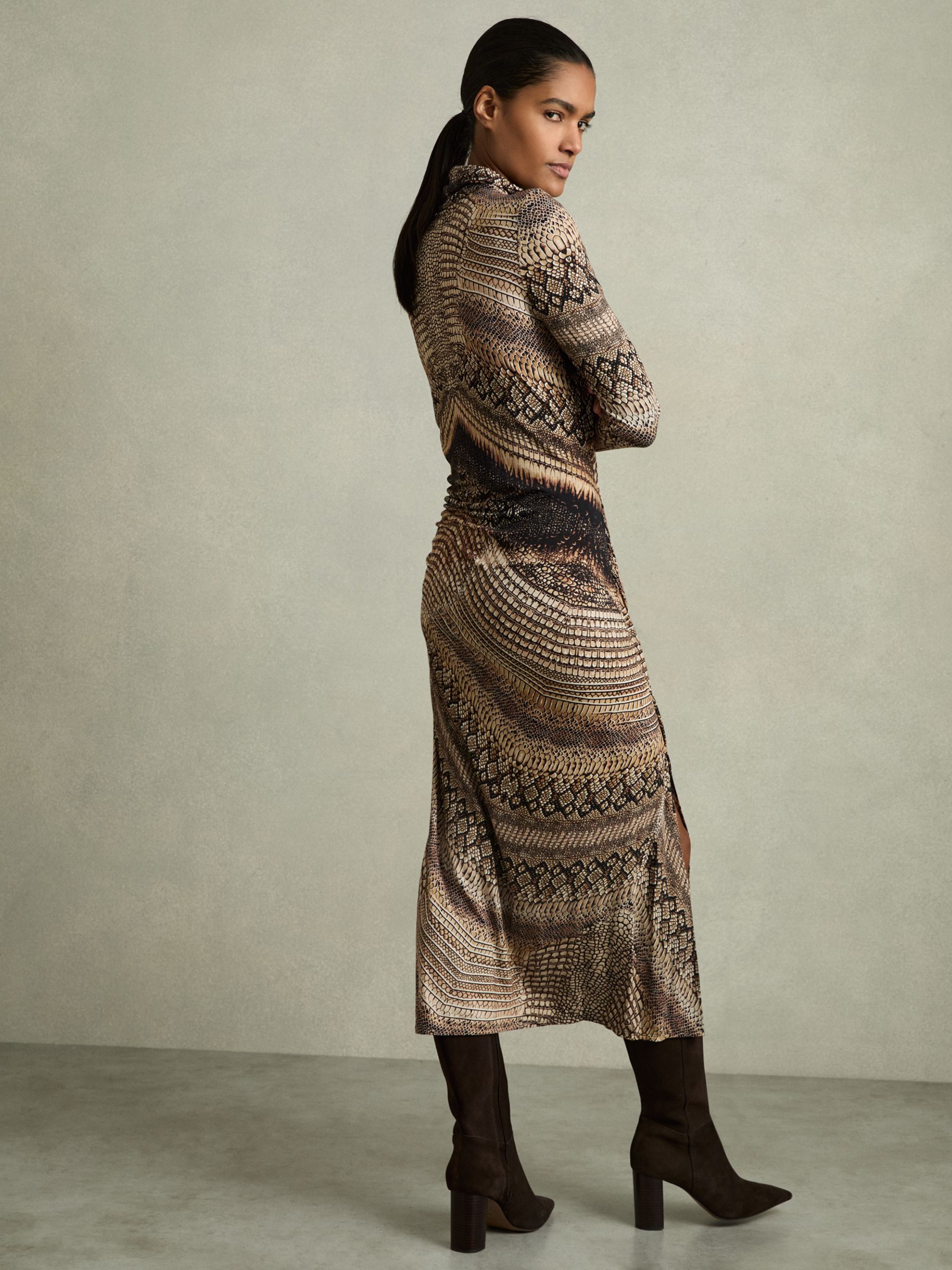 Snake-Print Draped Midi Dress in Brown - Image 5 of 6