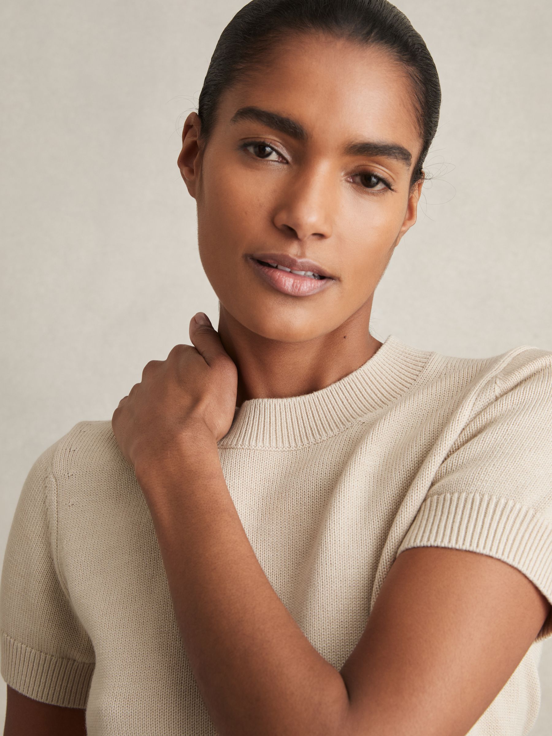 Reiss Cotton And Wool Crew-Neck Top in Neutral | REISS