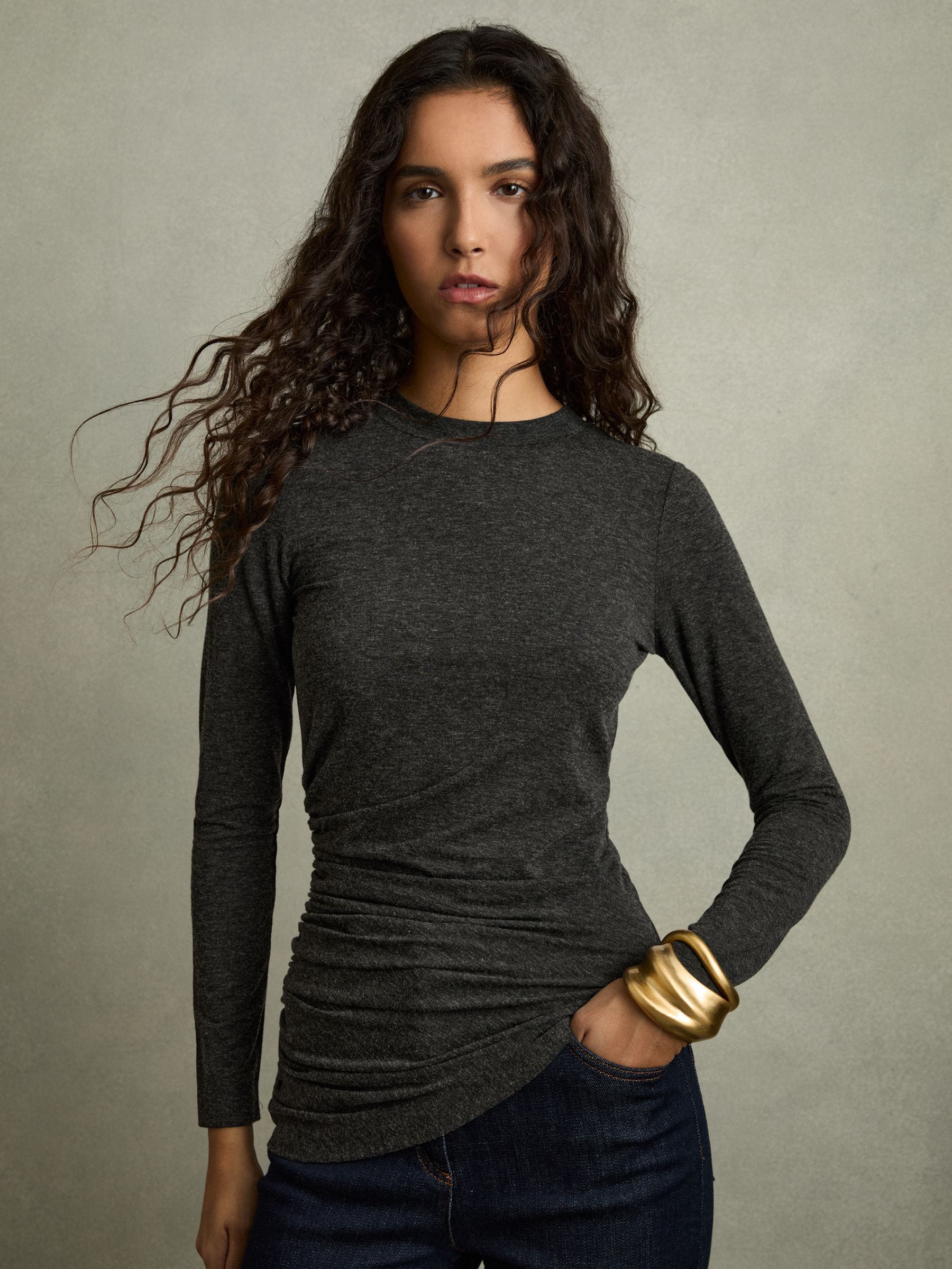 Asymmetric Ruched Top With Wool in Charcoal - Image 1 of 7