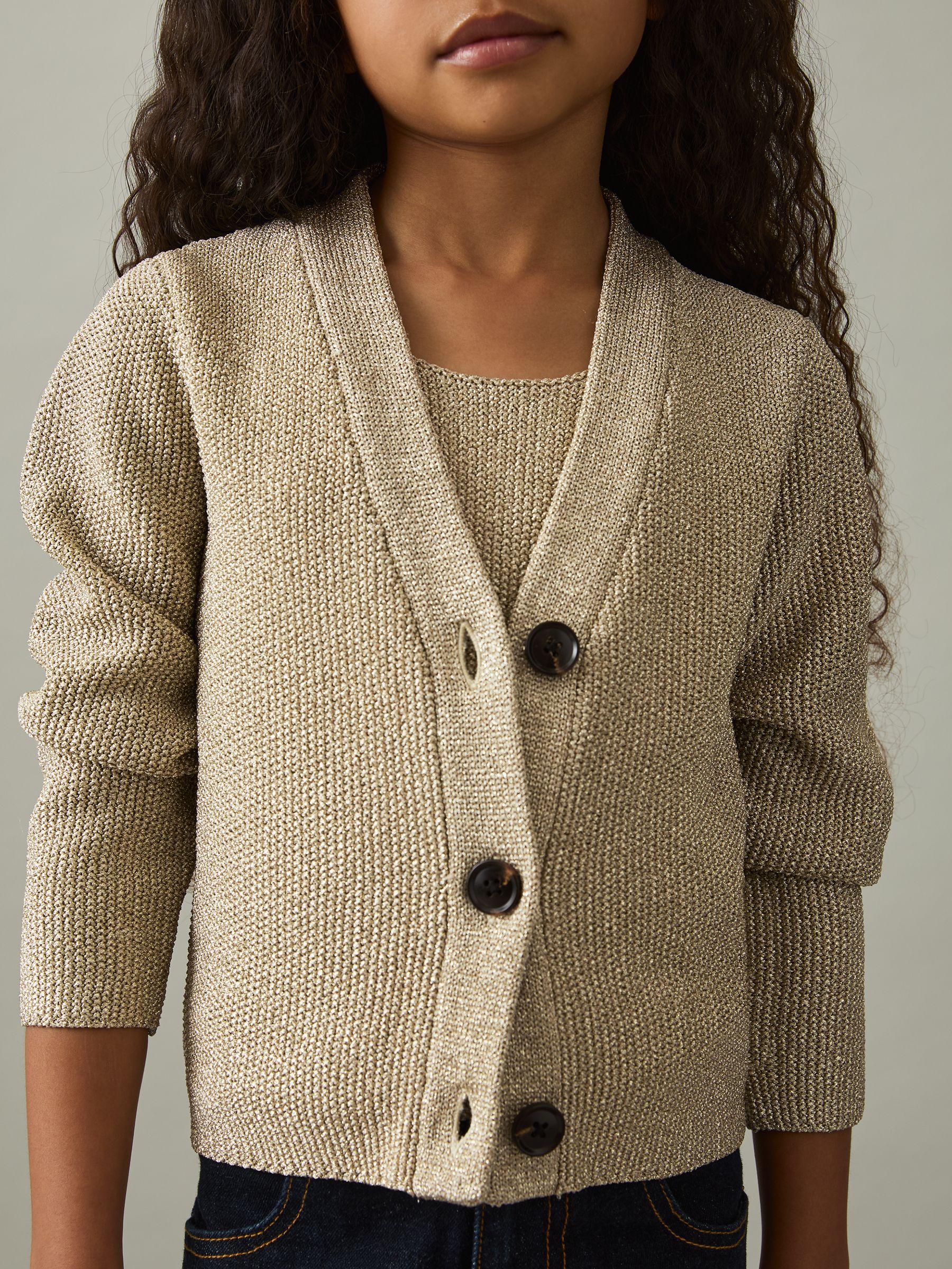 9-13 yrs Metallic-Knit V-Neck Cardigan in Gold - Image 1 of 4