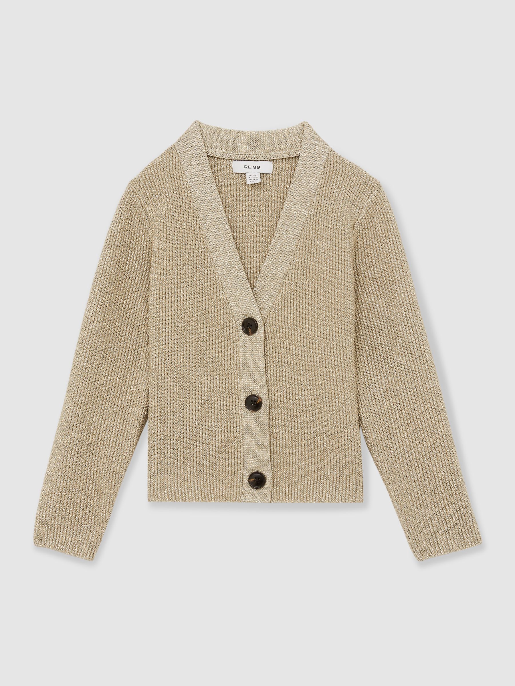 9-13 yrs Metallic-Knit V-Neck Cardigan in Gold - Image 2 of 4
