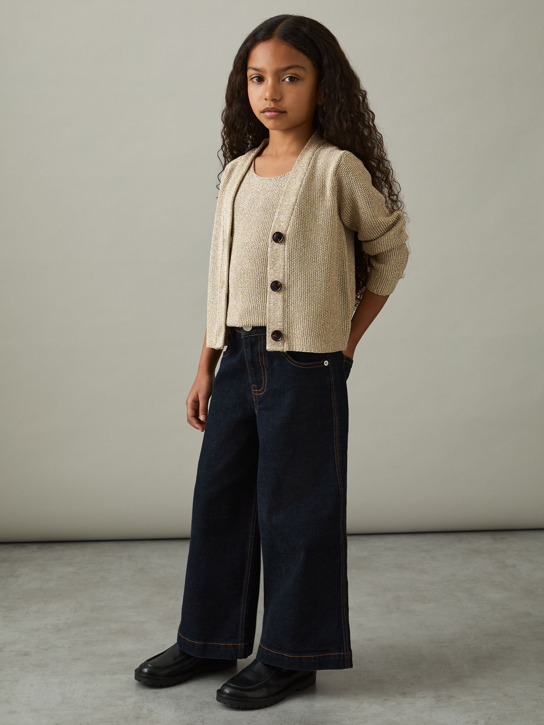 9-13 yrs Metallic-Knit V-Neck Cardigan in Gold - Image 3 of 4