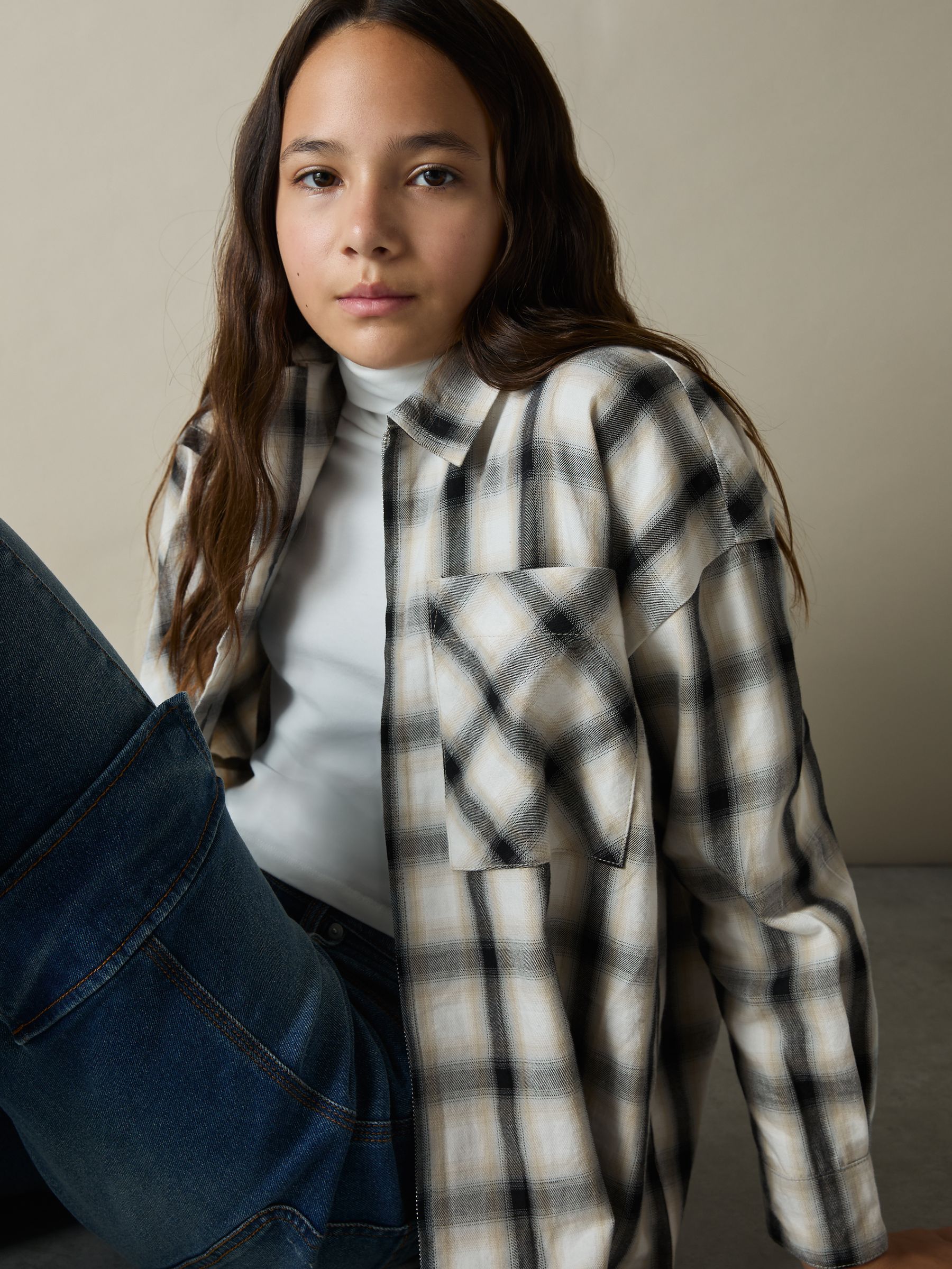 9-13 yrs Cotton Oversized Check Shirt in Grey - Image 3 of 4