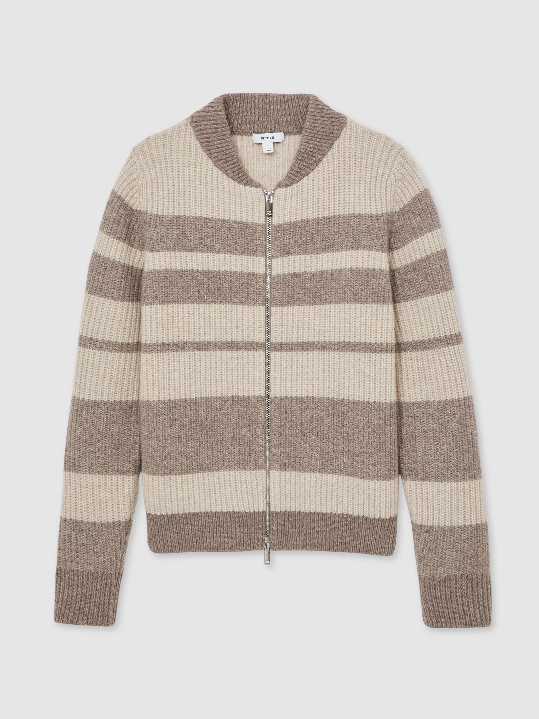 Wool Stripe Zip-Through Cardigan in Neutral/Brown - Image 2 of 7