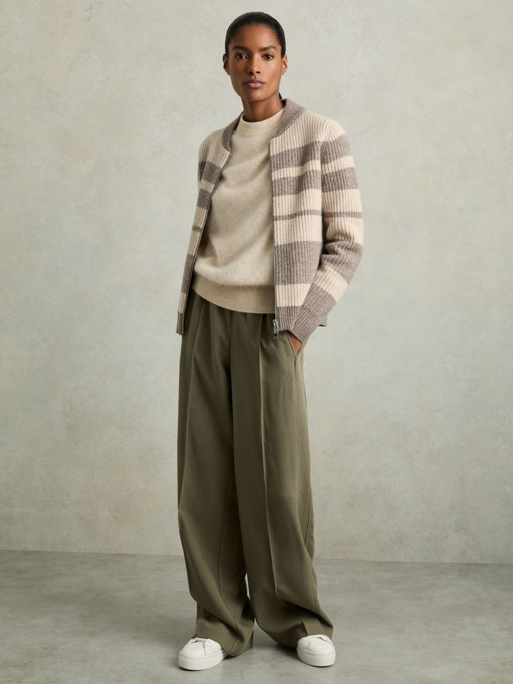 Wool Stripe Zip-Through Cardigan in Neutral/Brown - Image 3 of 7