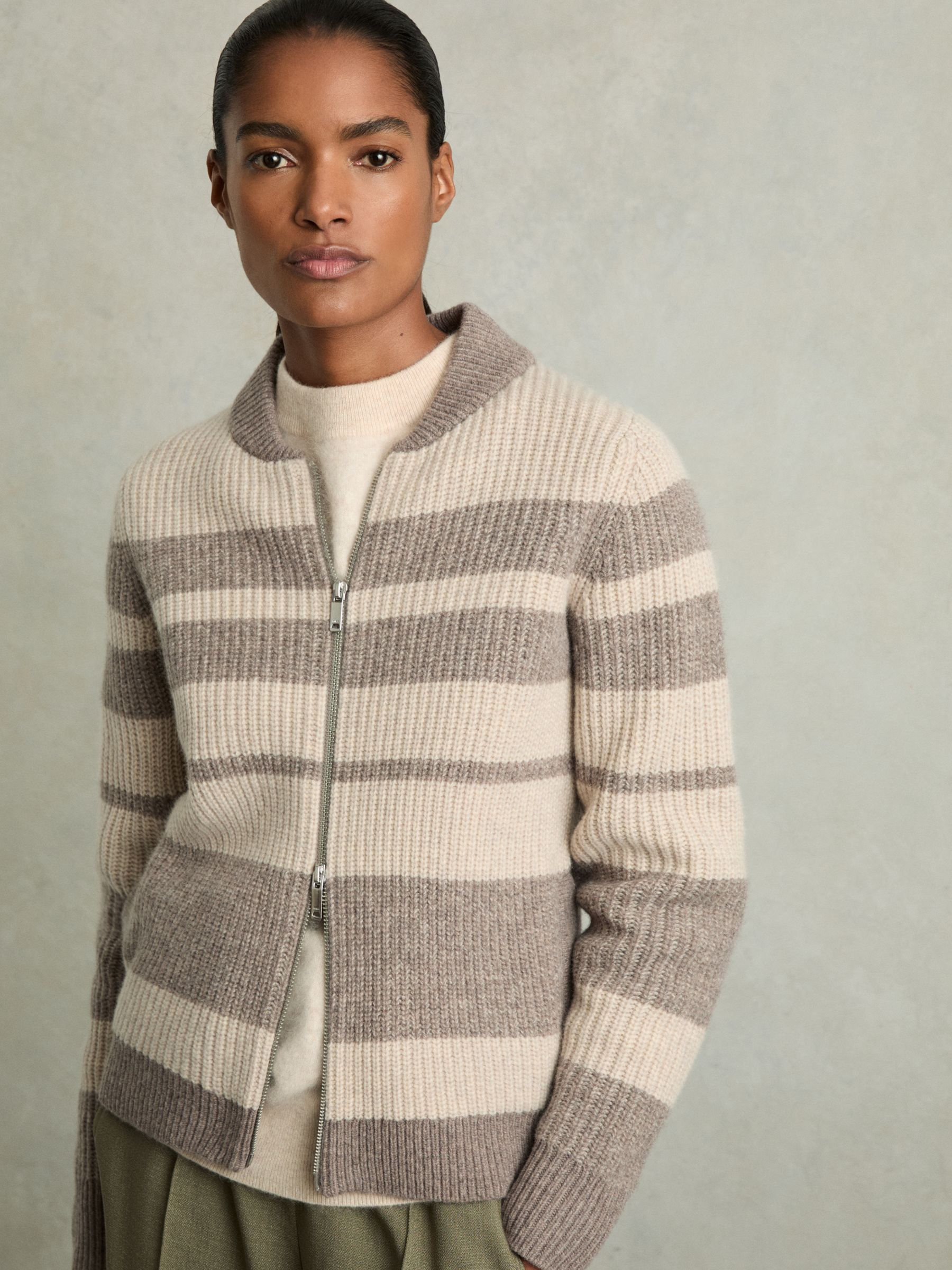 Wool Stripe Zip-Through Cardigan in Neutral/Brown - Image 6 of 7