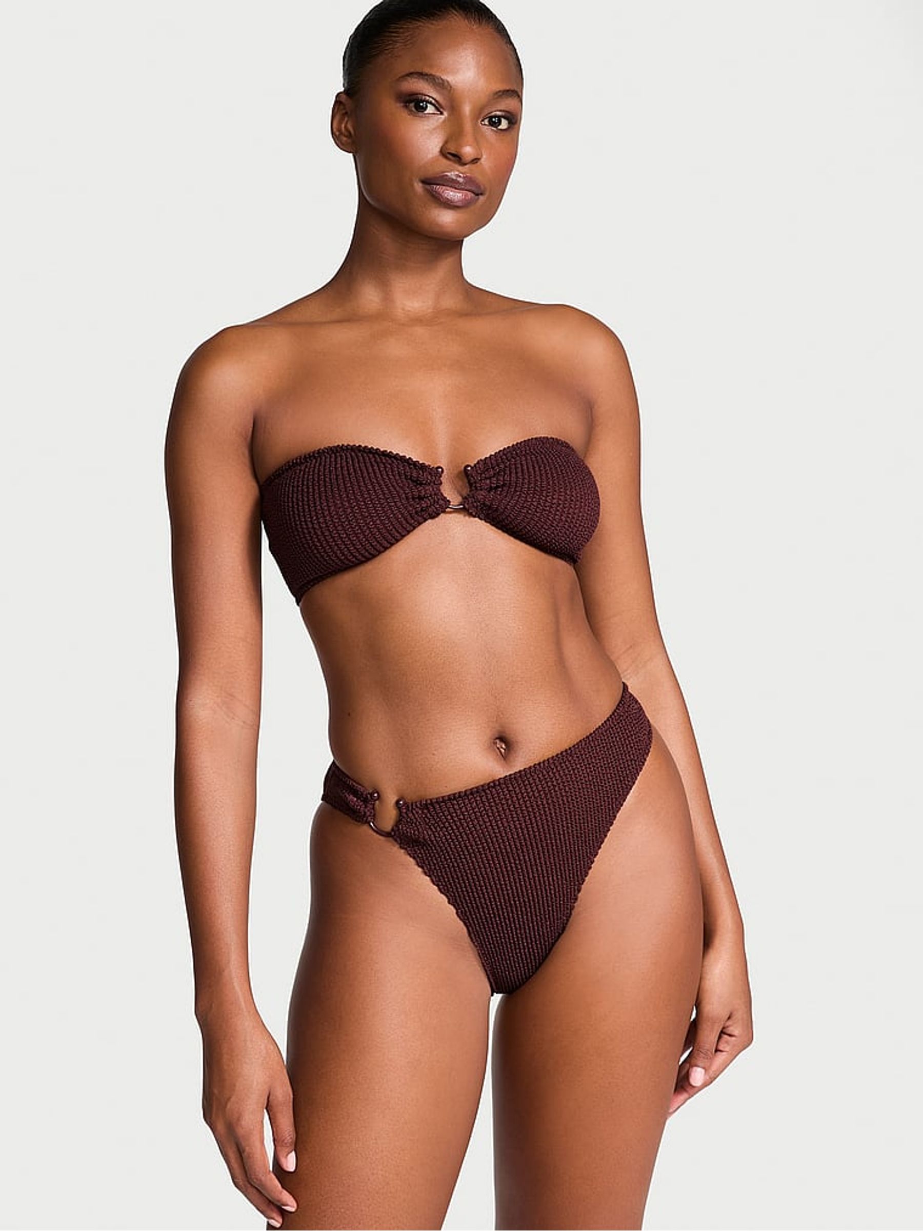 Burgundy Brown High Leg Crinkle U-Ring Bikini Bottoms - Image 3 of 3