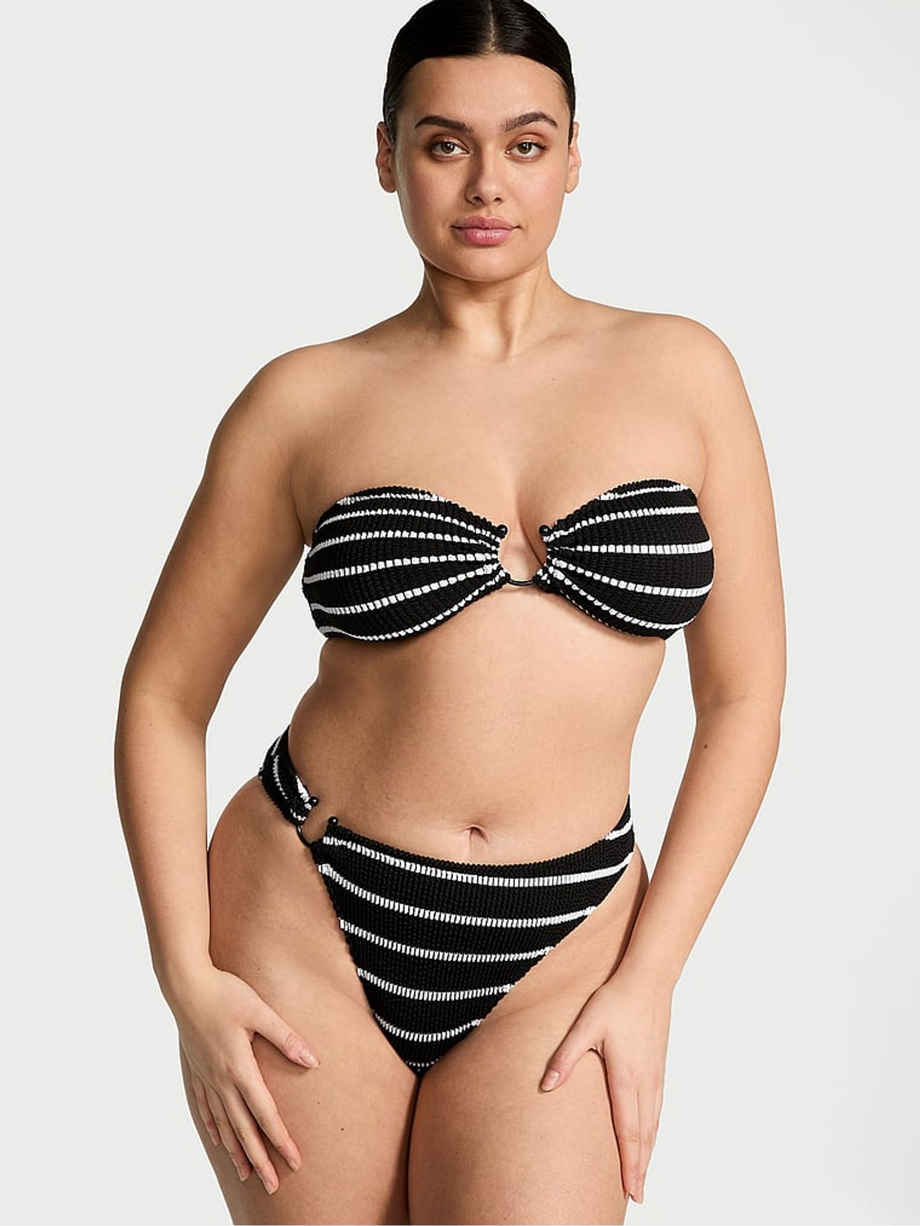 Black And White Stripe High Leg Crinkle U-Ring Bikini Bottoms - Image 3 of 3